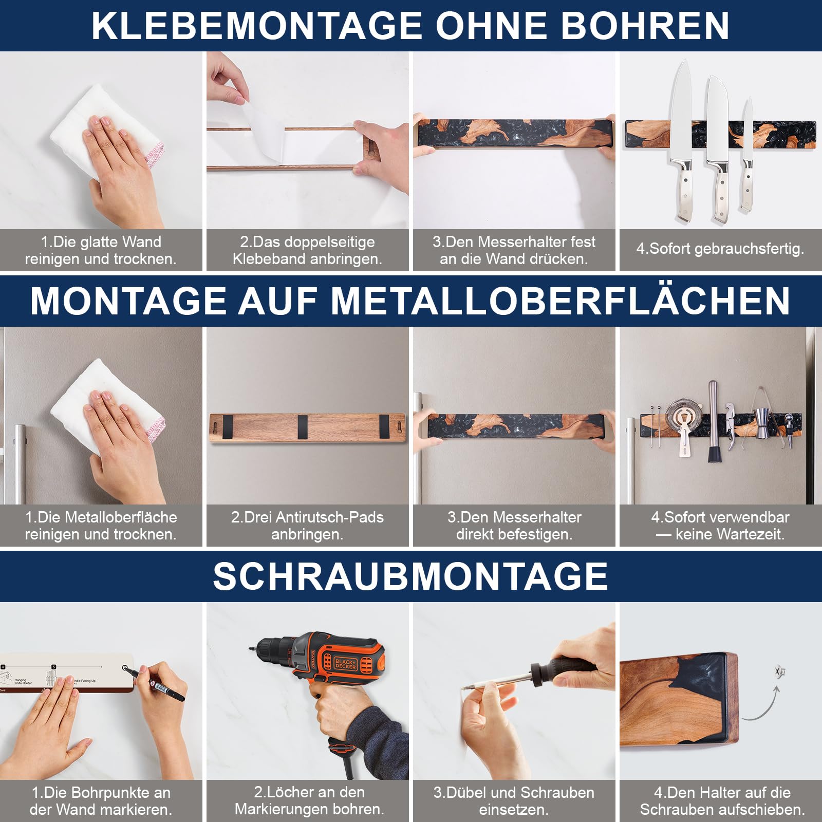 ENOKING Magnetische Messerleiste 40cm, Magnet Messerhalter aus Akazienholz & Schwarzem Resin, Magnetischer Messerhalter Wand mit Starker Magnetkraft, Messerleiste Wandmontage mit Kleben oder Bohren