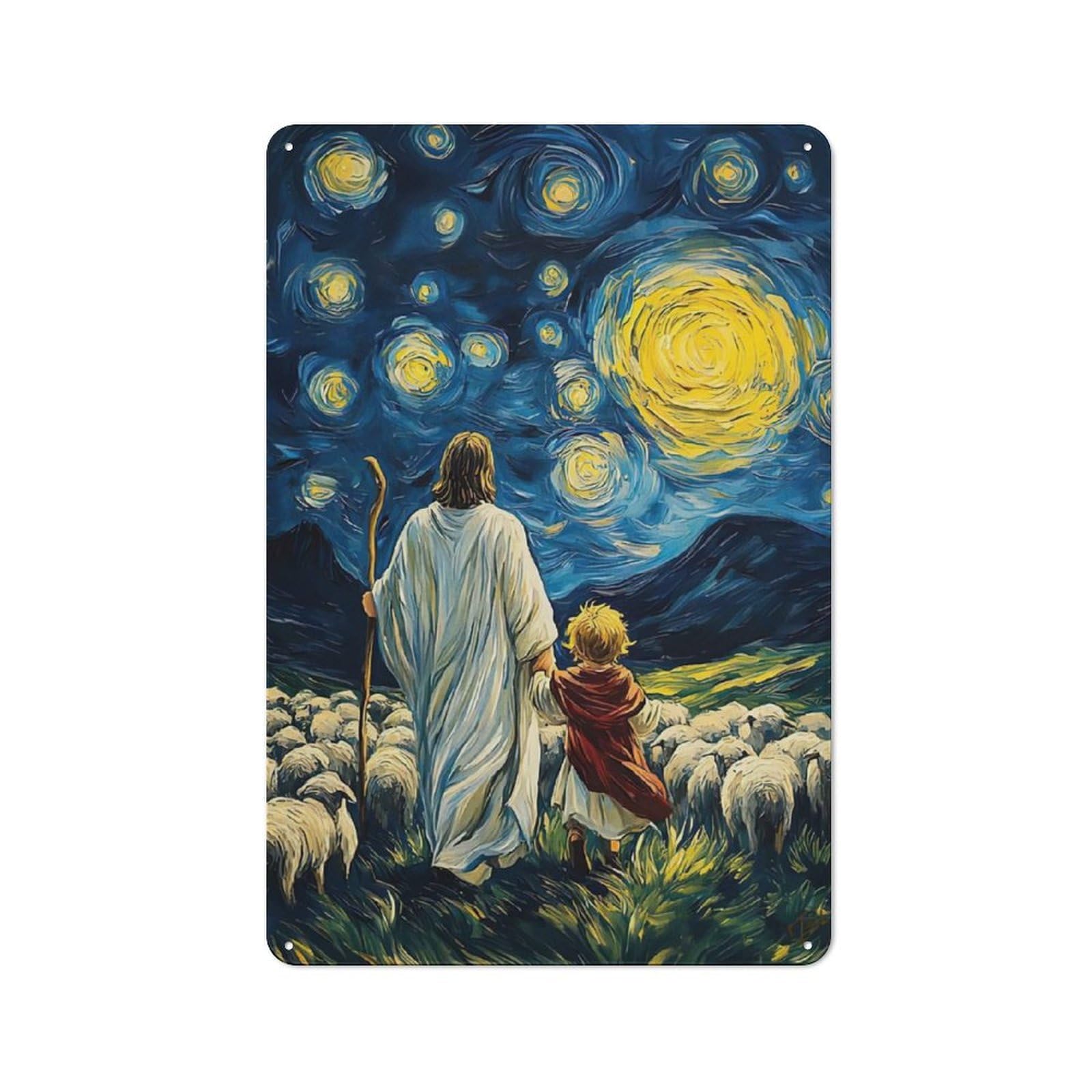 Junmoney Jesus Child Sheep Starry Night Metal Sign 30X20cm With For Hallway Wall, Rustic Decor, For Furnishing A New Hallway With Rustic Decor