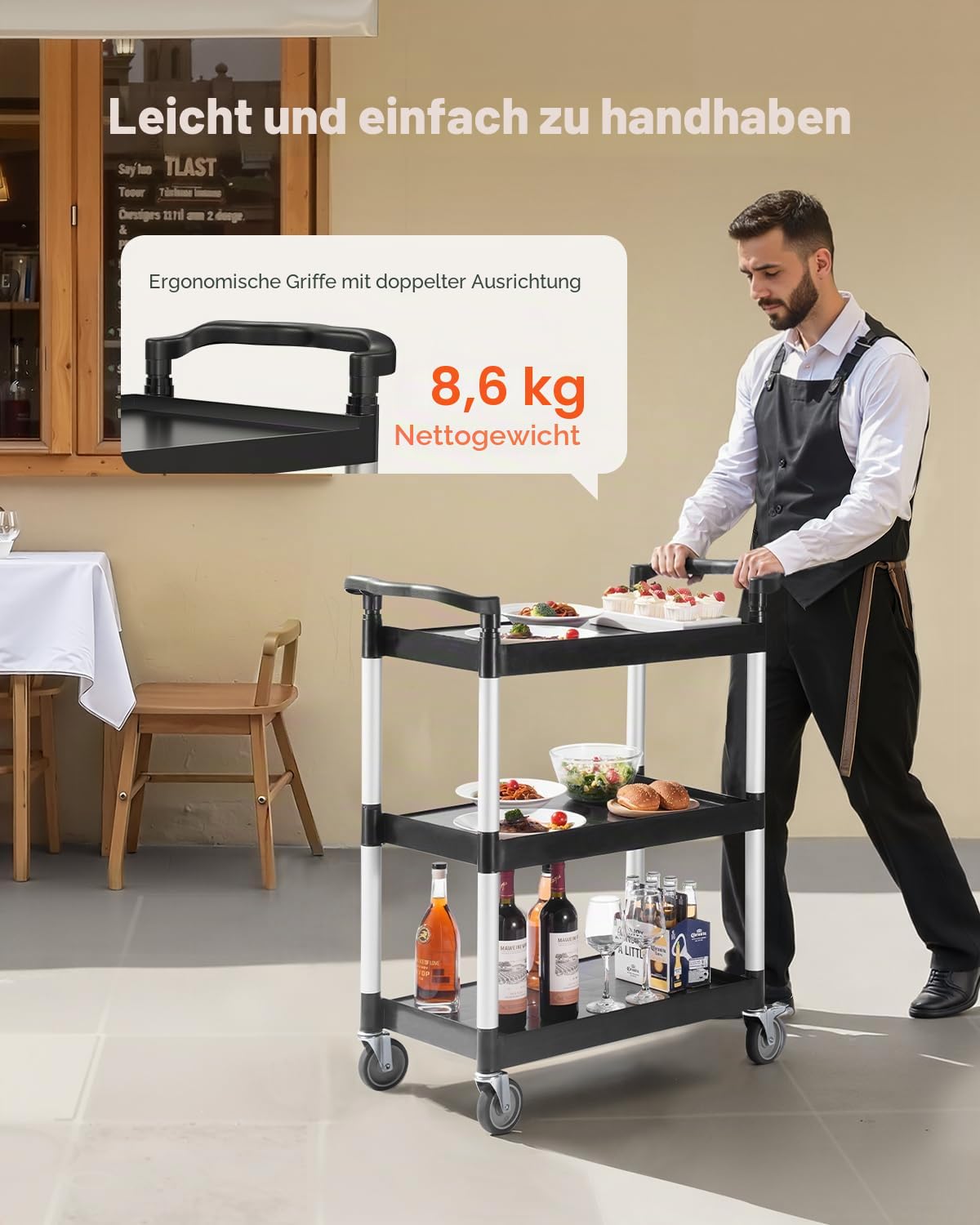 VEVOR Universalwagen, 136 kg Tragkraft, 3-stufiger Universalwagen aus Kunststoff mit 360° Schwenkrädern (2 mit Bremse), 880x410x990 mm großer Servierwagen für Lager, Büro, Zuhause, Restaurant, Küche