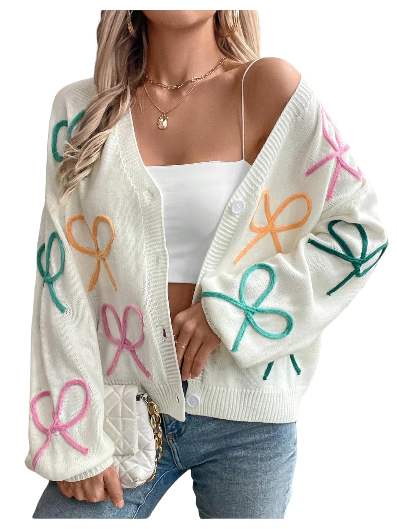 GORGLITTER Womens Colorful Cardigan Embroidered Bow Button Up Long Sleeve Oversized Cozy Cute Fall 2025 Sweater