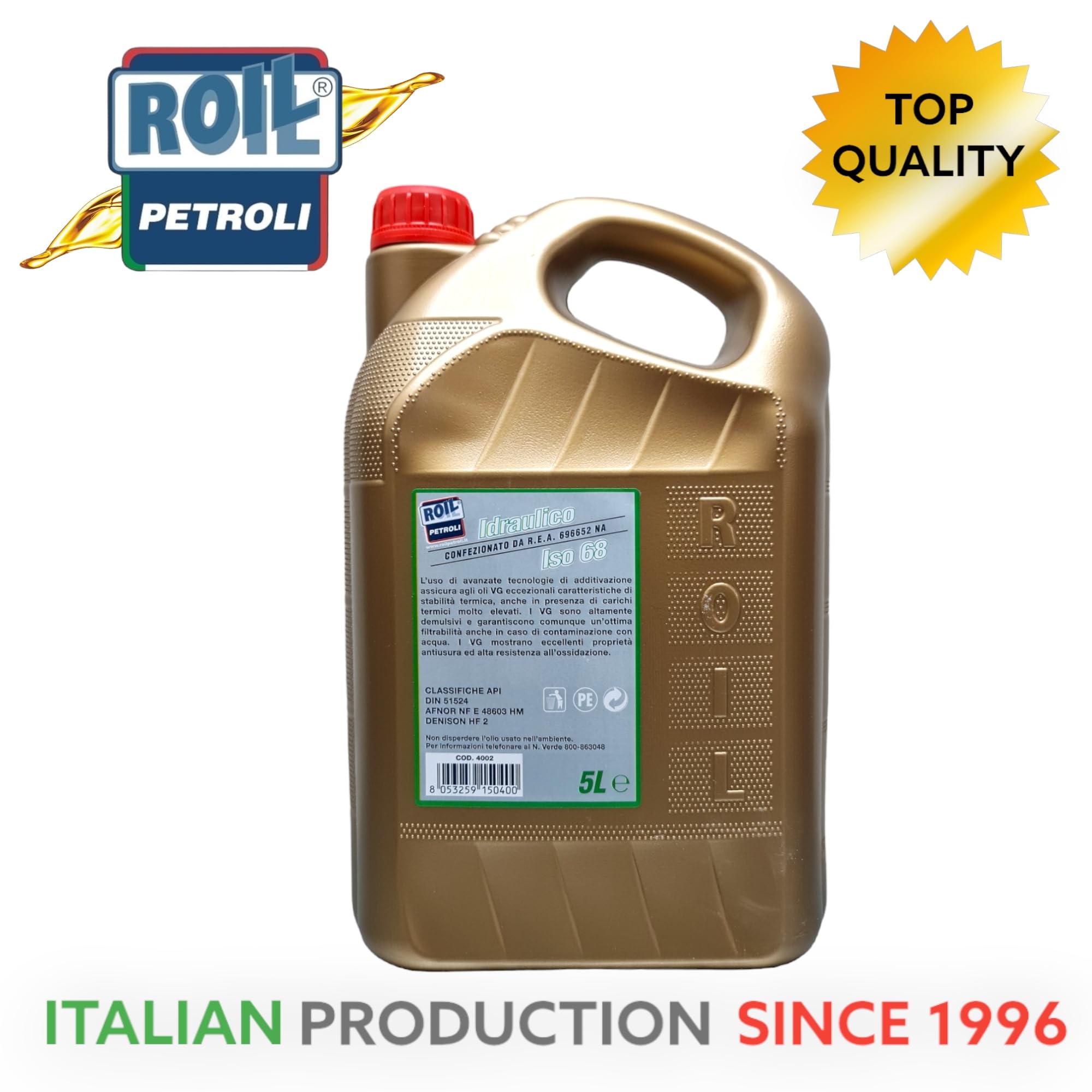 5 Litri di Roil Olio idraulico VG ISO 68 "NUOVA FORMULA CON POLIMERO ELASTOMERO" con più elasticità e durata delle parti in gomma, antischiuma e antiusura per sistemi oleodinamici e idrostatici
