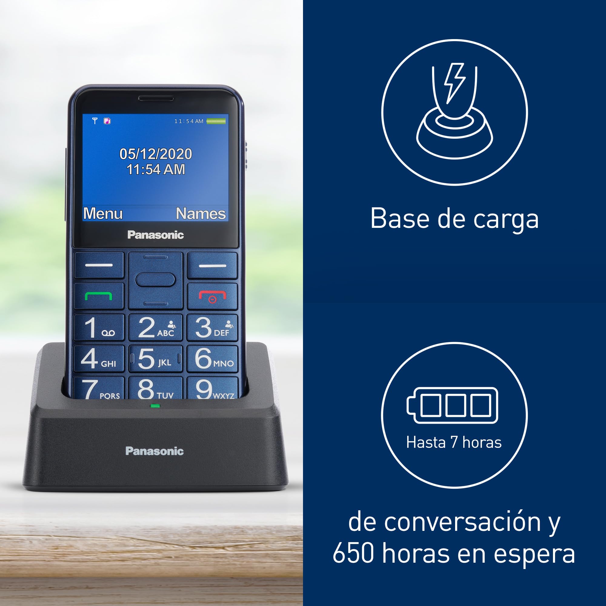 Panasonic KX-TU155EXCN 2G Teléfono Móvil para Mayores, Llamada Prioritaria, Teléfono con Botones Grandes, Compatible con Audífonos, Bluetooth, Radio FM, Cámara, Base de Carga, Azul