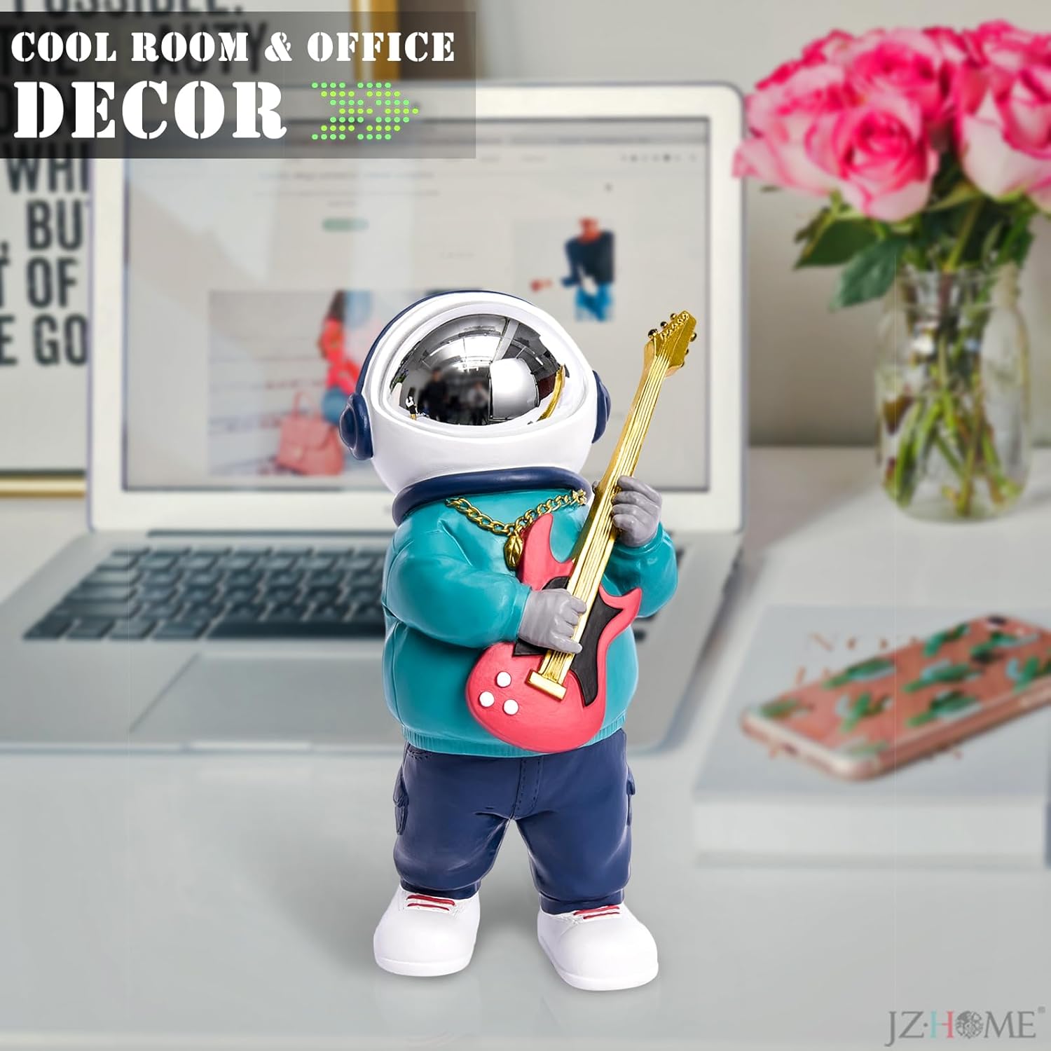 Astronaut Figurine Statue Playing Guitar Hip Hop Spaceman Sculpture Desktop Ornament Outer Space Themed Home Office Decor Space Toys Gifts for Christmas (Cyan/Blue)