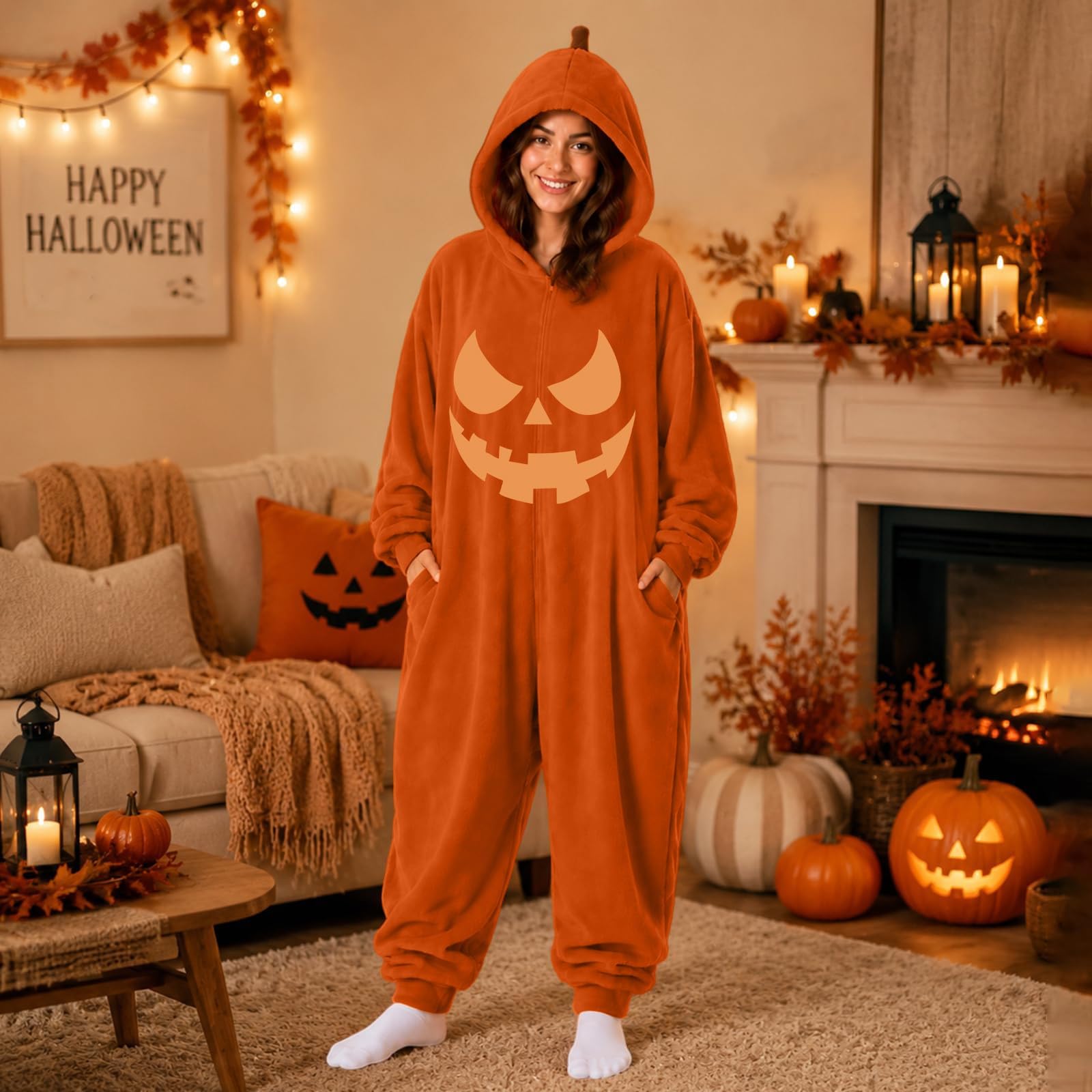 Pigiama Intera Halloween Donna, Costume Halloween Zucca con Cappuccio, Tuta Onesie in Pile Decorazioni, Pigiama Completo Adulto da Casa per Carnevale, Festa, Cosplay, Natale e Serate a Tema