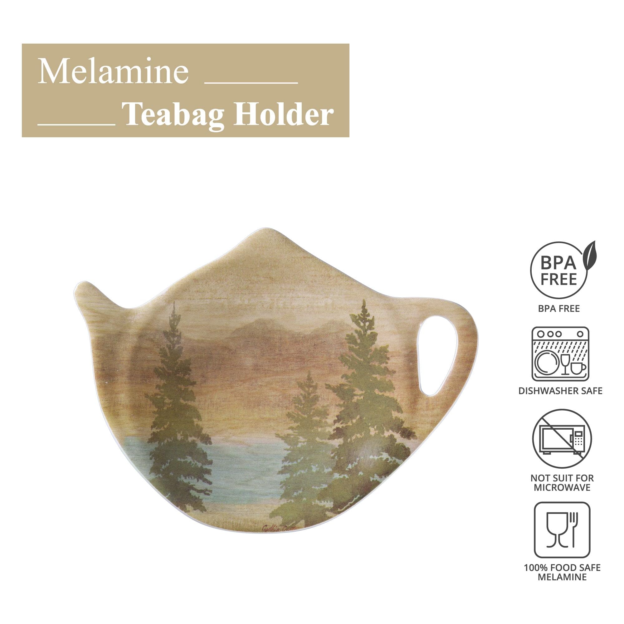 Supreme Housewares Pine Tree Tea Bag Holders, Teapot Shaped Tea Bag Coasters Spoon Rests Saucer Seasoning Dish Set, Brown, 4 x 3 Inch, Set of 4