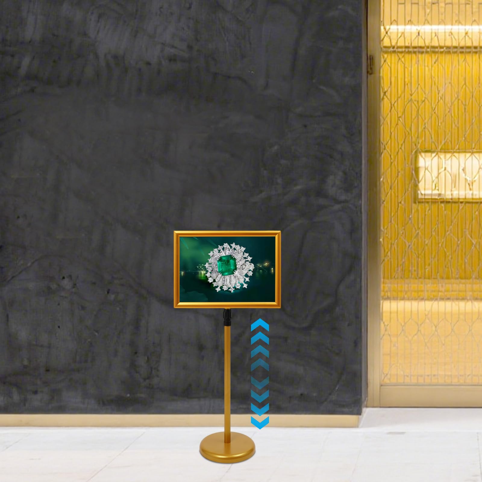Infoständer A3, Gold - Soporte para carteles con base estable, altura regulable, soporte para información, expositores, soporte publicitario, soporte para póster
