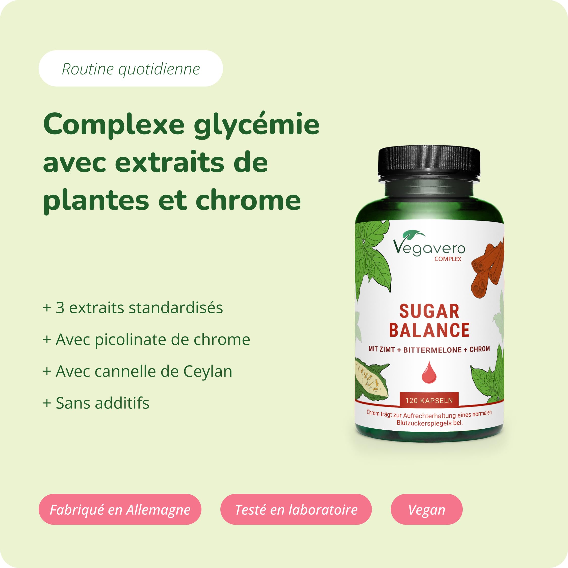 Vegavero GLYCEMIE Complex | 120 Gélules (4 MOIS) | Chrome, Cannelle, Gymnema sylvestris et Melon amer | Réguler le taux de sucre* | Sans Additifs & VEGAN