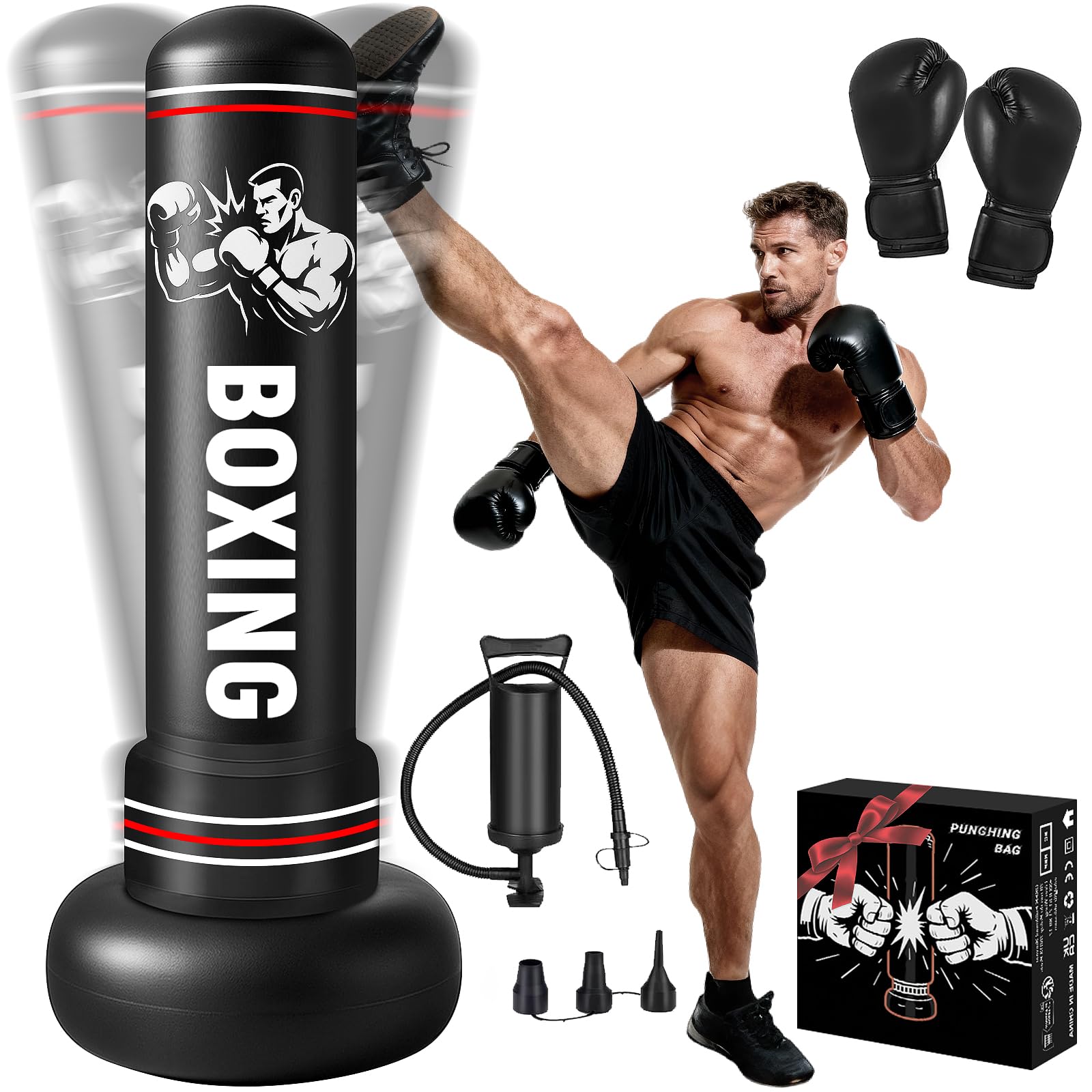 Saco de Boxeo Adultos, 190cm Sacos de Boxeo de Pie on Guantes y Bomba de Aire, Punching Ball Inflable Entrenamiento para Karate, Kickboxing, PVC Fitness Boxeo Regalo Ideal