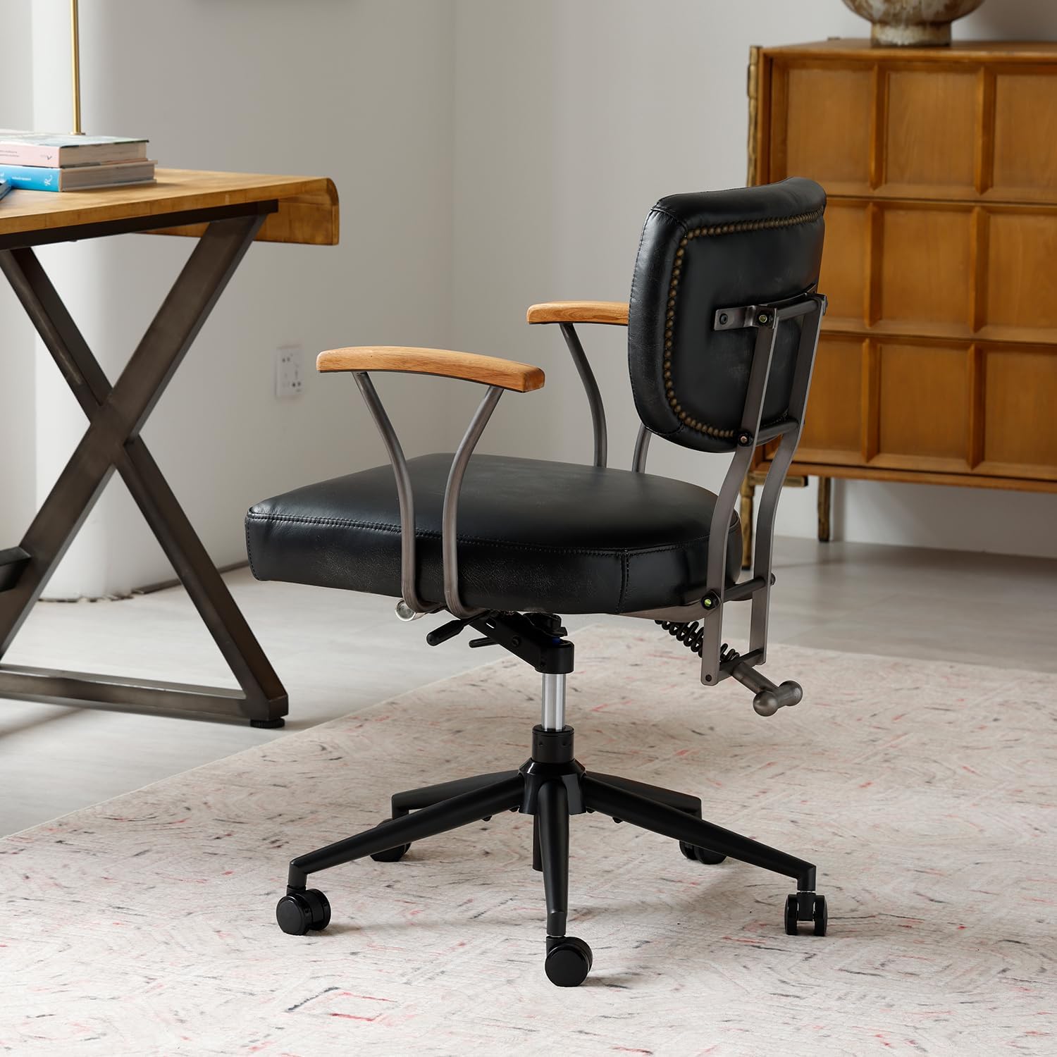 Genuine Leather Home Office Chair, Mid-Century Retro Executive Desk Chair with Armrests, 360° Swivel Ergonomic Task Chair,Adjustable Height