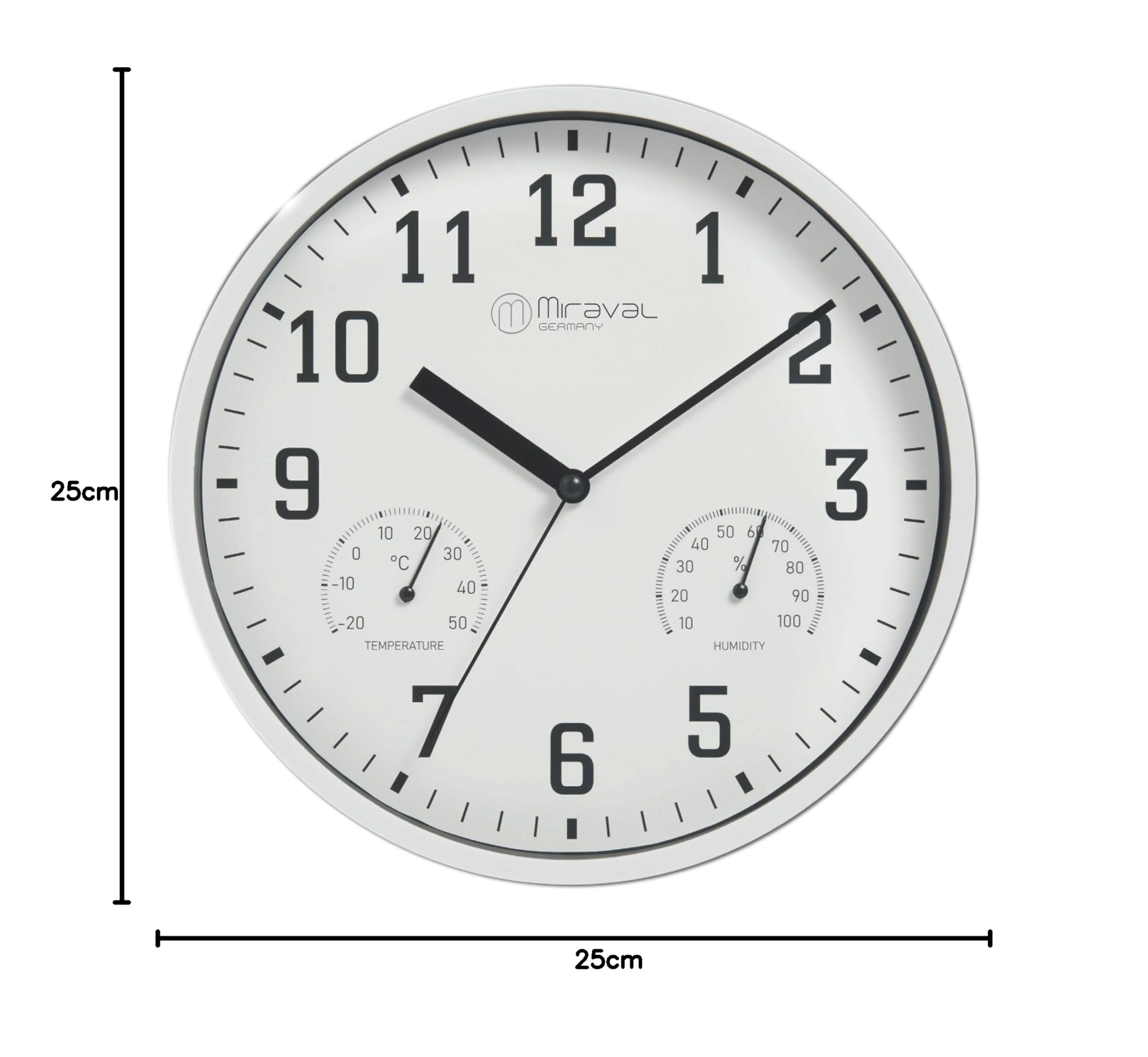 Miraval Wanduhr Thermometer Hygrometer 250 mm Küchenuhr Wohnzimmer Luftfeuchtigkeit Temperaturanzeige Analog Bürouhr Moderne Wanduhr (Weiß)