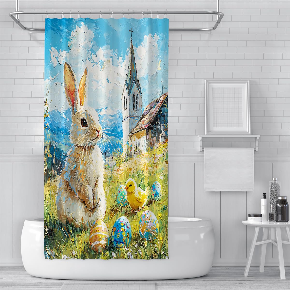 Impressionistische Kunstästhetik Duschvorhang Pastorale Ostereier Niedliche Küken-Badewannenvorhänge für Moderne Wohnaccessoires 180 x 180 cm
