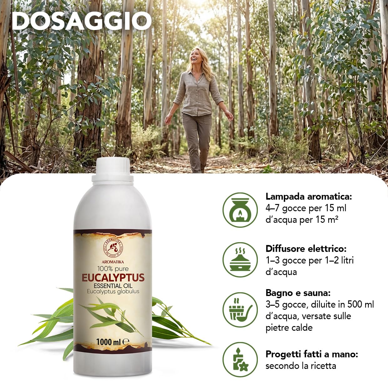 Olio Essenziale di Eucalipto 1000 ml - Eucalyptus Globulus - Naturale e Puro - Olio essenziali per Diffusori - Profumi per la Casa - Saponi e Candele - Sauna - Aroma Eucalipto - Aromaterapia