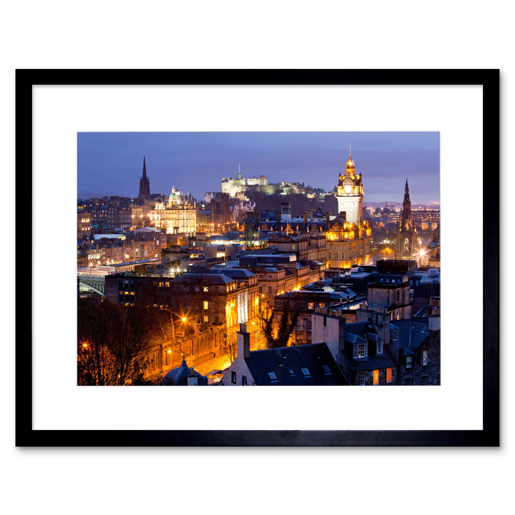 Wee Blue Coo Photo Cityscape Edinburgh Scotland Castle Scott Monument Night Framed Wall Art Print