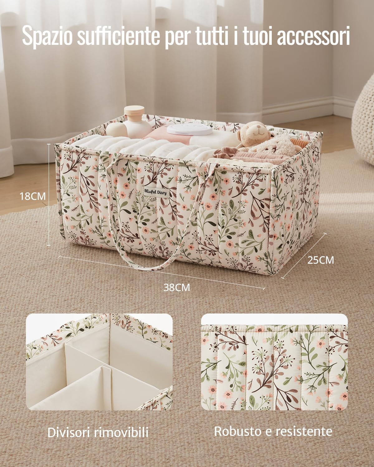 Blissful Diary Organizer per pannolini, Organizer Fasciatoio, Cesto Prodotti Neonato, Cestino di Archiviazione Elegante per Necessità Neonatali e Stazione per Luiers, Margherita Pastorale