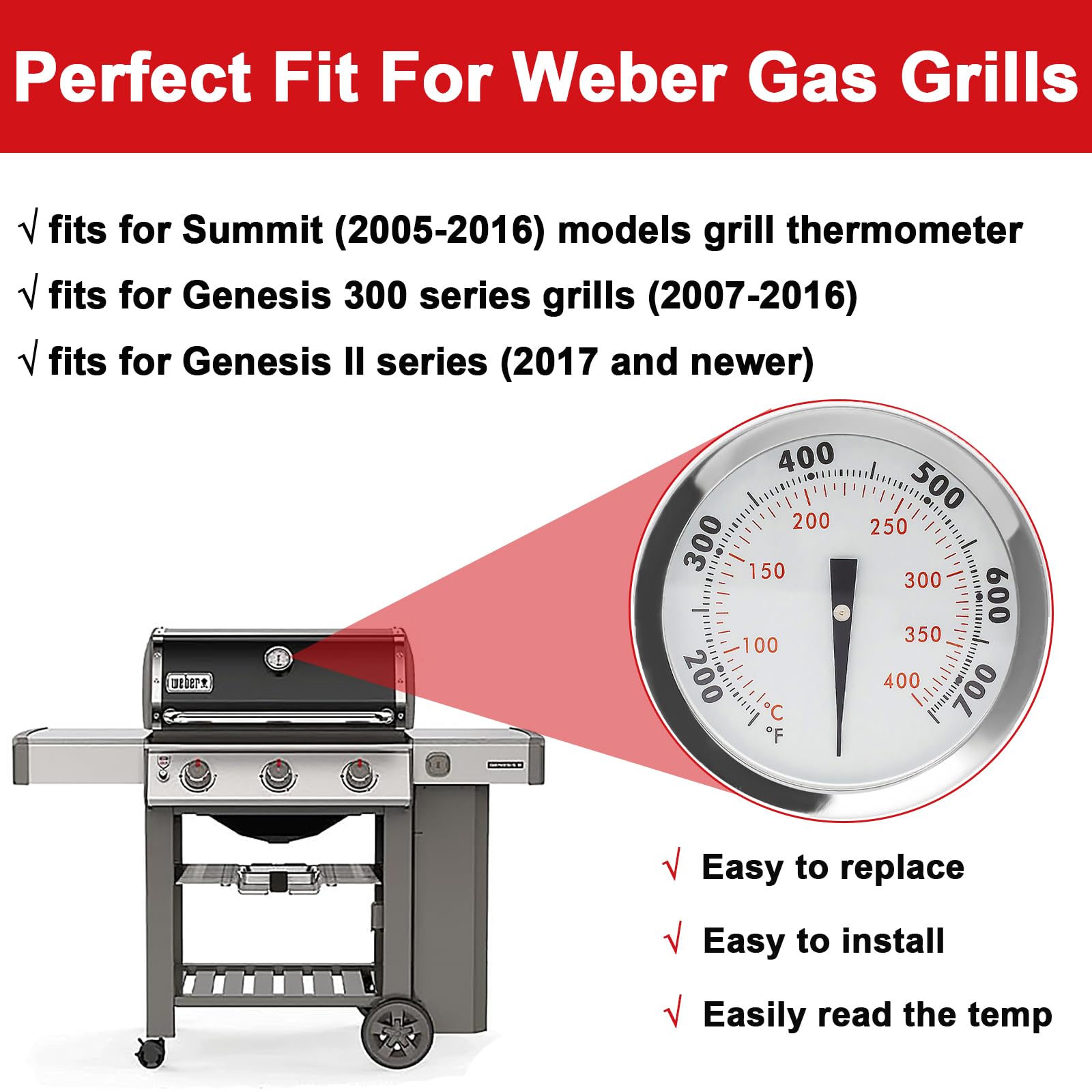 DELSbbq Termómetro de repuesto 67088 67731 para parrillas Weber GS4 Genesis ii y Genesis 300 y Summit Series para Weber E-330 E-315 E/S-310 E/S-410 Genesis Partes, 2-3/8 pulgadas de diámetro