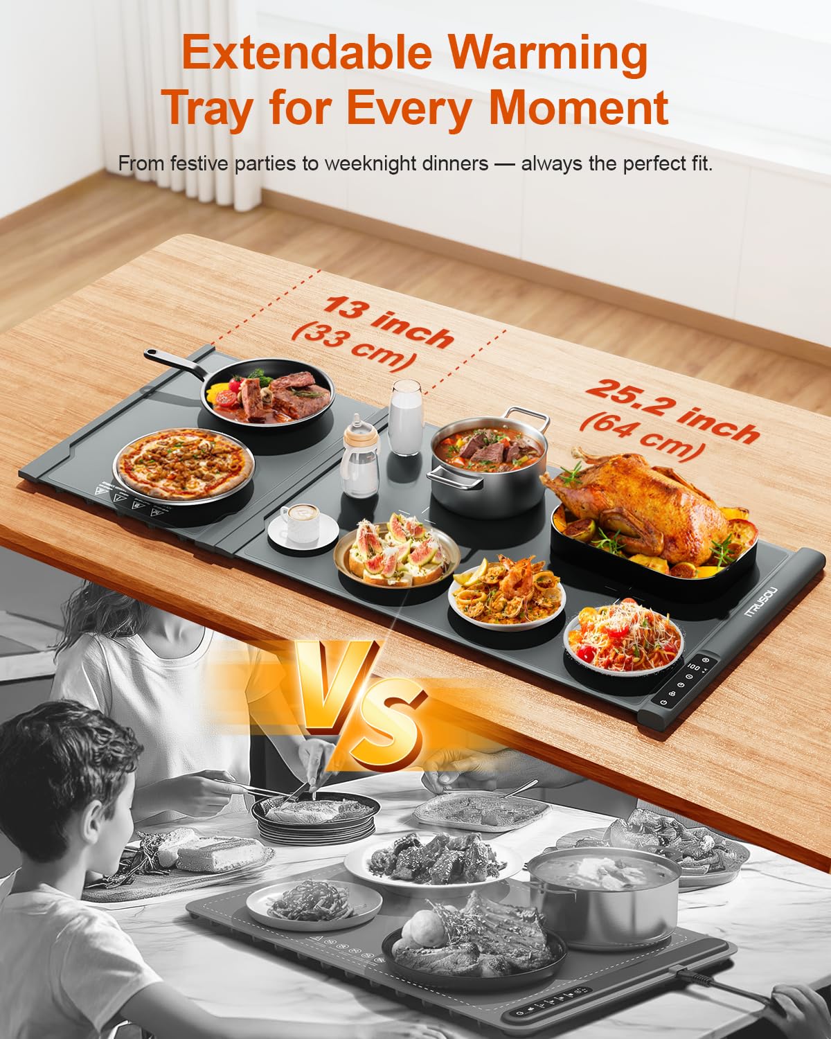 Expandable Warming Mat for Food – iTRUSOU 38"x16" Silicone Warming Tray with 7 Temp Settings, Switchable℃/℉, 99H Timer, Child Lock – 2 Panels Custom Sizes for Energy Efficiency — Amazon image 7