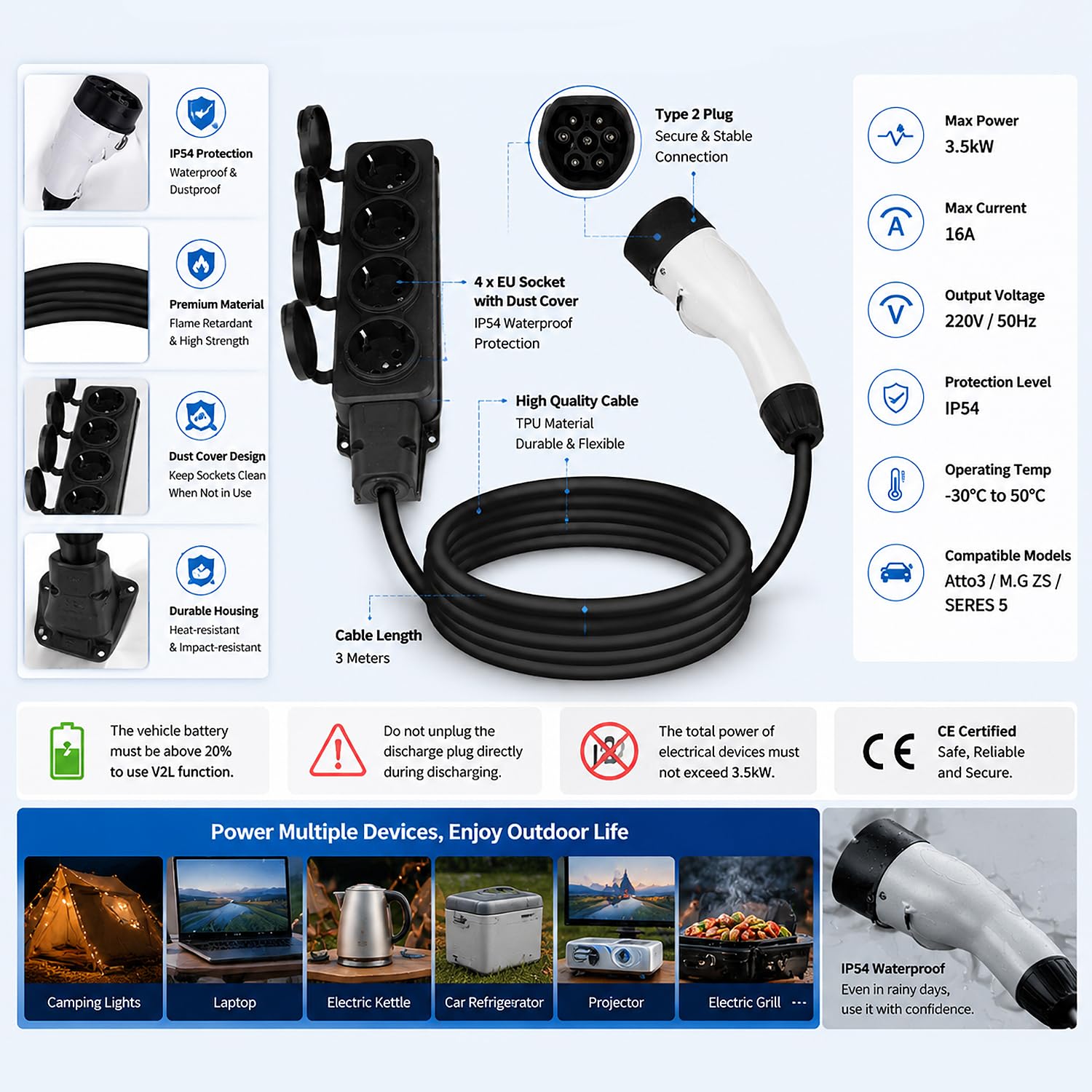 Adapter Rozładowujący Do Samochodu 3,5 Kw 220 V, Atto3 ZS EV Pistolet Rozładowujący Z Kablem 3 M, Rozgałęźnik Gniazda Europejskiego 1 Na 4, Wtyczka Typu 2, Adapter Rozładowujący 16 A V2L Do Kempingu
