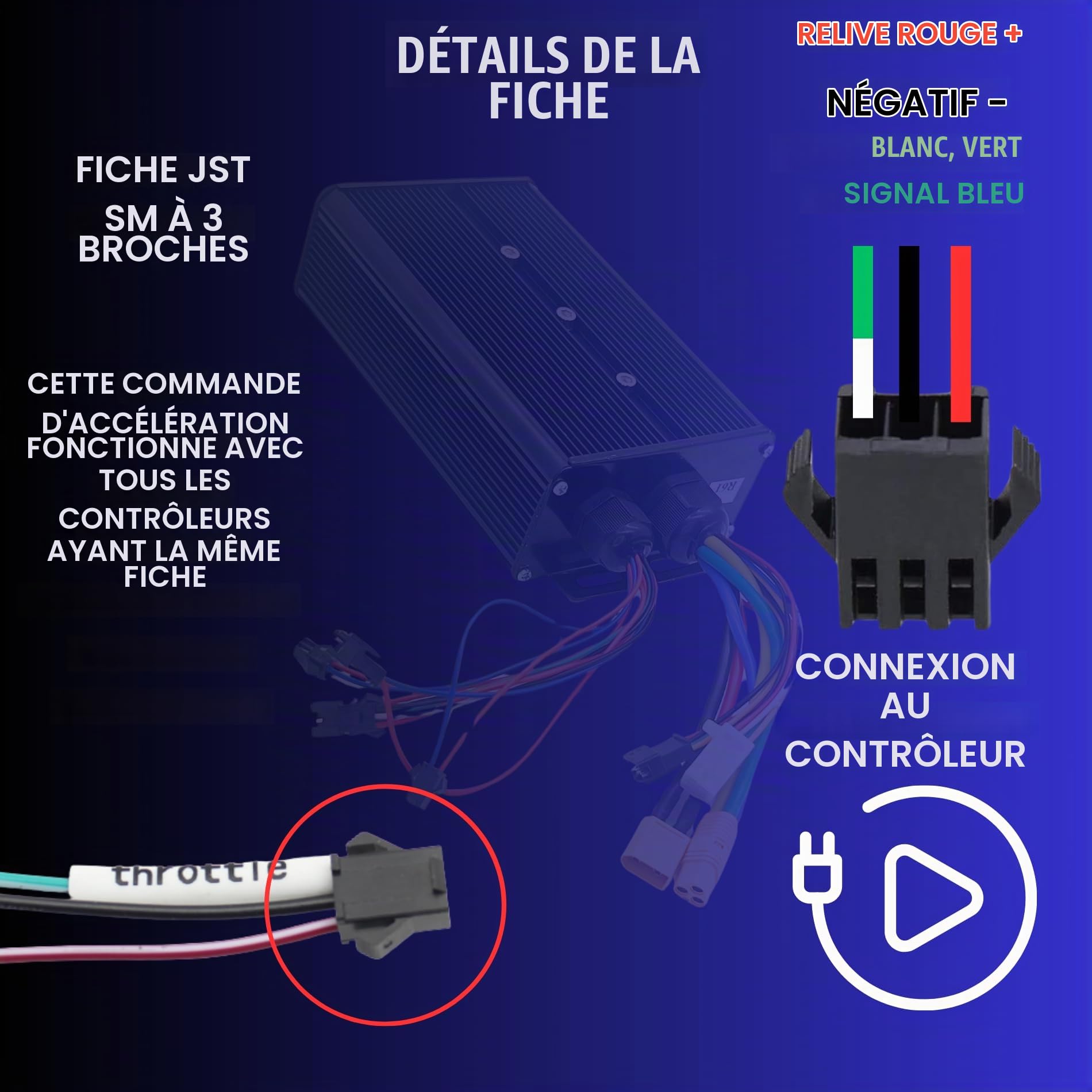 Accélérateur complet pour vélo électrique - Poignées gaufrées noires - Convient pour 3 broches SM JST - Pour vélo électrique Surron, motocross 12 V, 24 V, 36 V, 48 V, 52 V, 60 V, 72 V