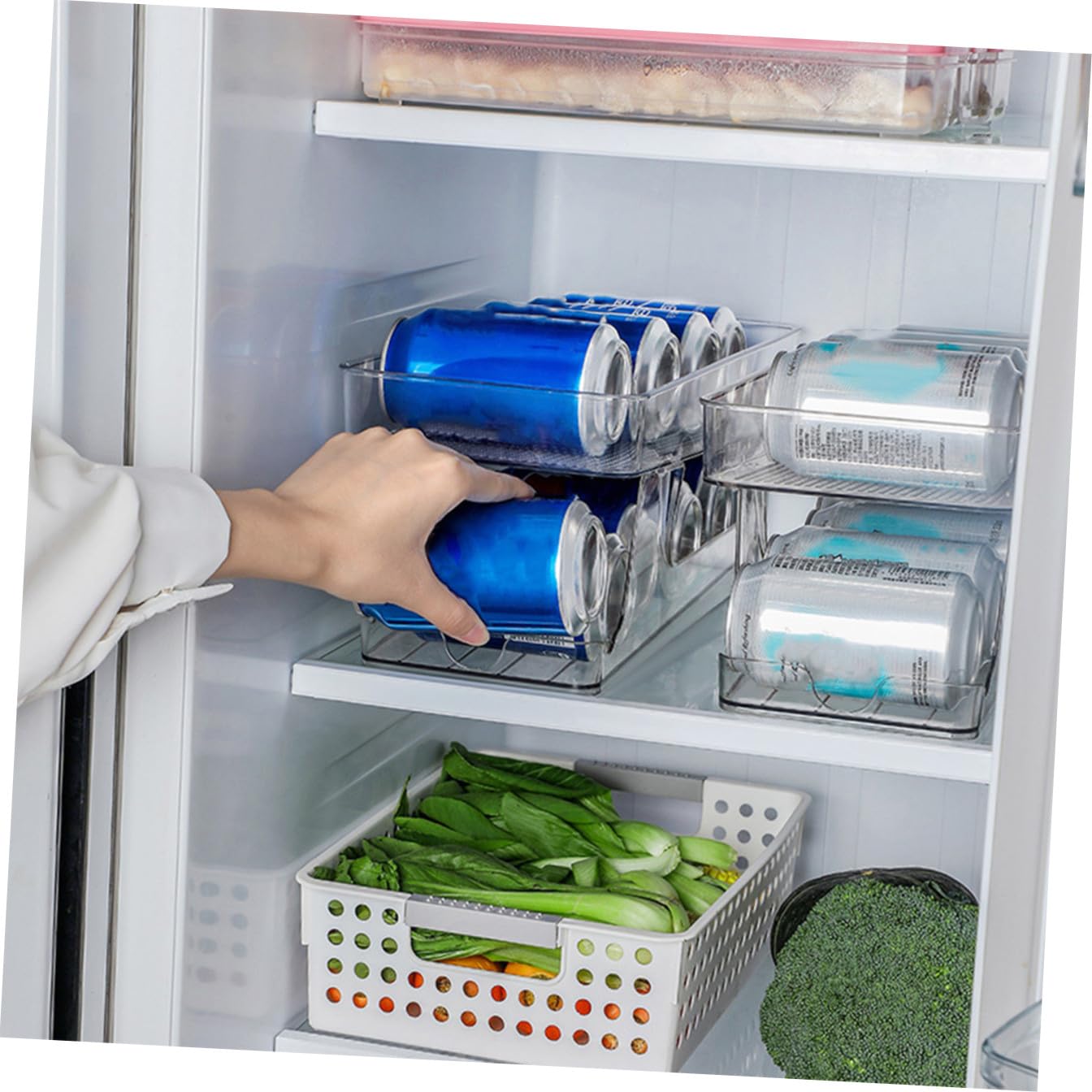 Organizador de Latas Multifunción para Nevera, Diseño Transparente Pet, Doble Capa Sistema de Rodillo para Ordenar Bebidas en Casa