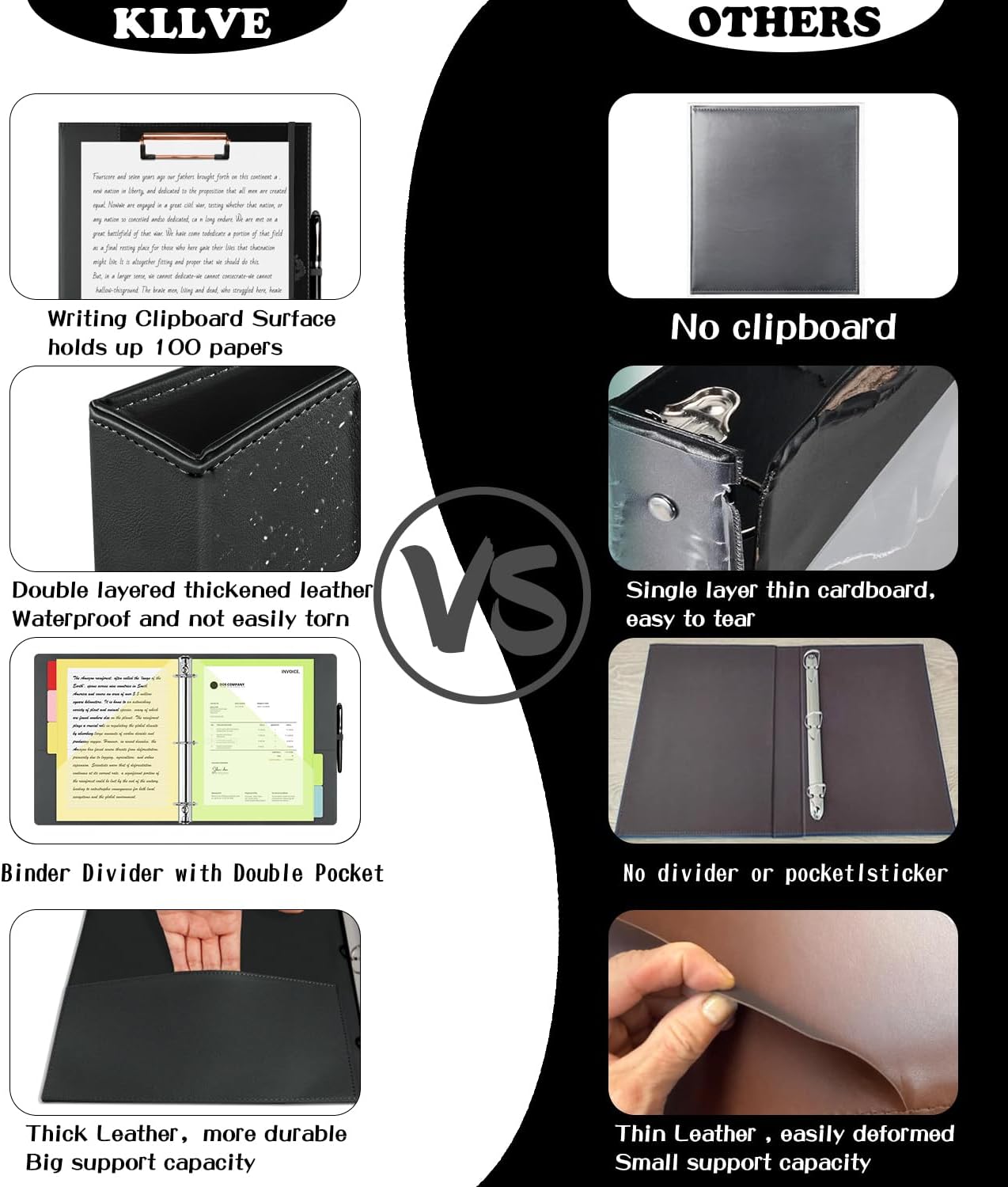 3 Ring Binder 1 Inch, Leather Binders with Clipboards, KLLVE Three Ring Binder with 10 Pocket Divider(Black, Letter Size) - Image 3