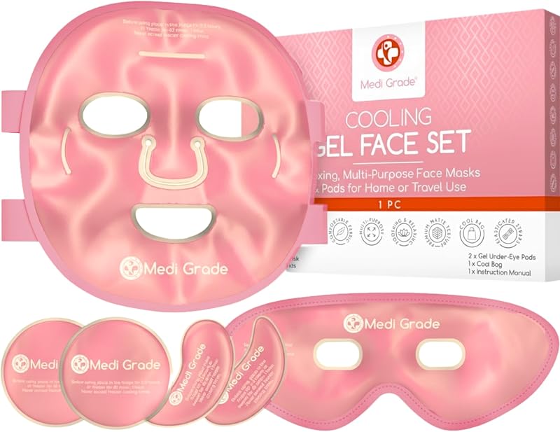 Face Ice Pack and Cooling Eye Mask Set, ChillGel Gel Mask, Pink | Ice face mask and gel eye mask soothe puffy eyes, dark circles and migraines, cooling self care with storage bag