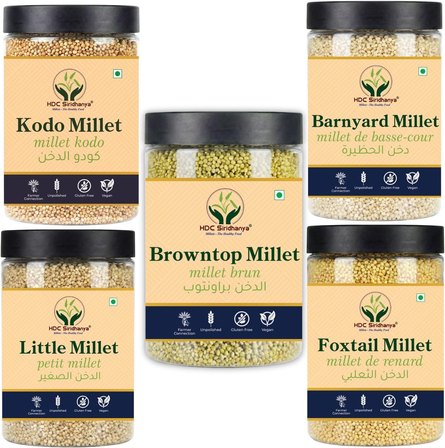 HDC Siridhanya Unpolished Millets Combo Pack | Kodo, Little, Barnyard, Foxtail and Brown top | Gluten - Free | Non - GMO | Each Millet: GWT. 900 g (Including Jar) × 5 | Sourced from Karnataka, INDIA