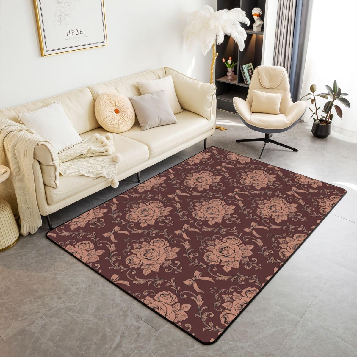 Homewish Damask Girls Bowknot czerwony brązowy damski dywanik 100 x 150 cm do sypialni - kokarda róża dywany salon wiktoriański gotycki nie gubi włosia dywan boho ciepłe miękkie pościel duże dywany