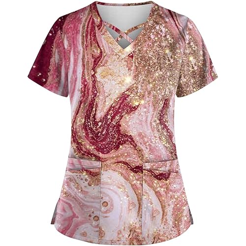 Scrubs for Women Design Pink Scrubs Shirts V Neck Criss Cross Side Slit