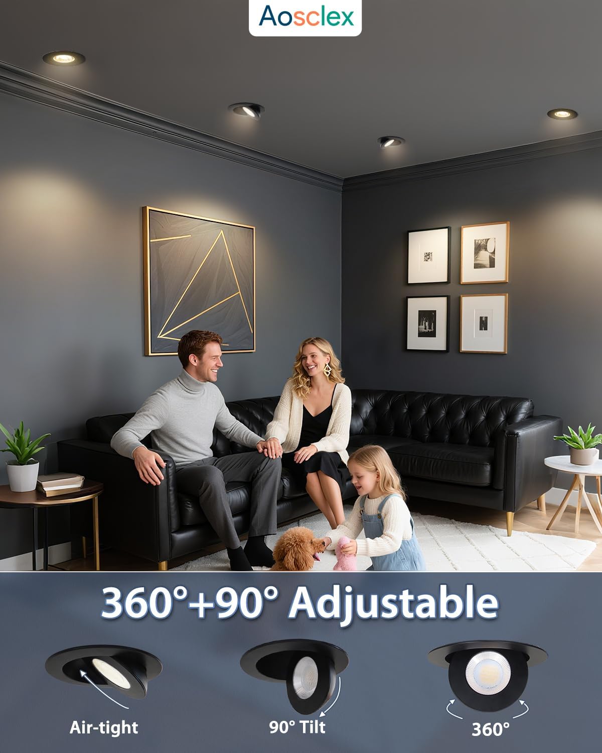 Aosclex 4 Inch 5CCT Gimbal LED Recessed Lighting with Jbox, 360°+90° Adjustable Directional Recessed Lights, 2700K-5000K Selectable, Dimmable Eyeball Canless Lights, 10W 980LM, ETL (Black, 6 Pack)