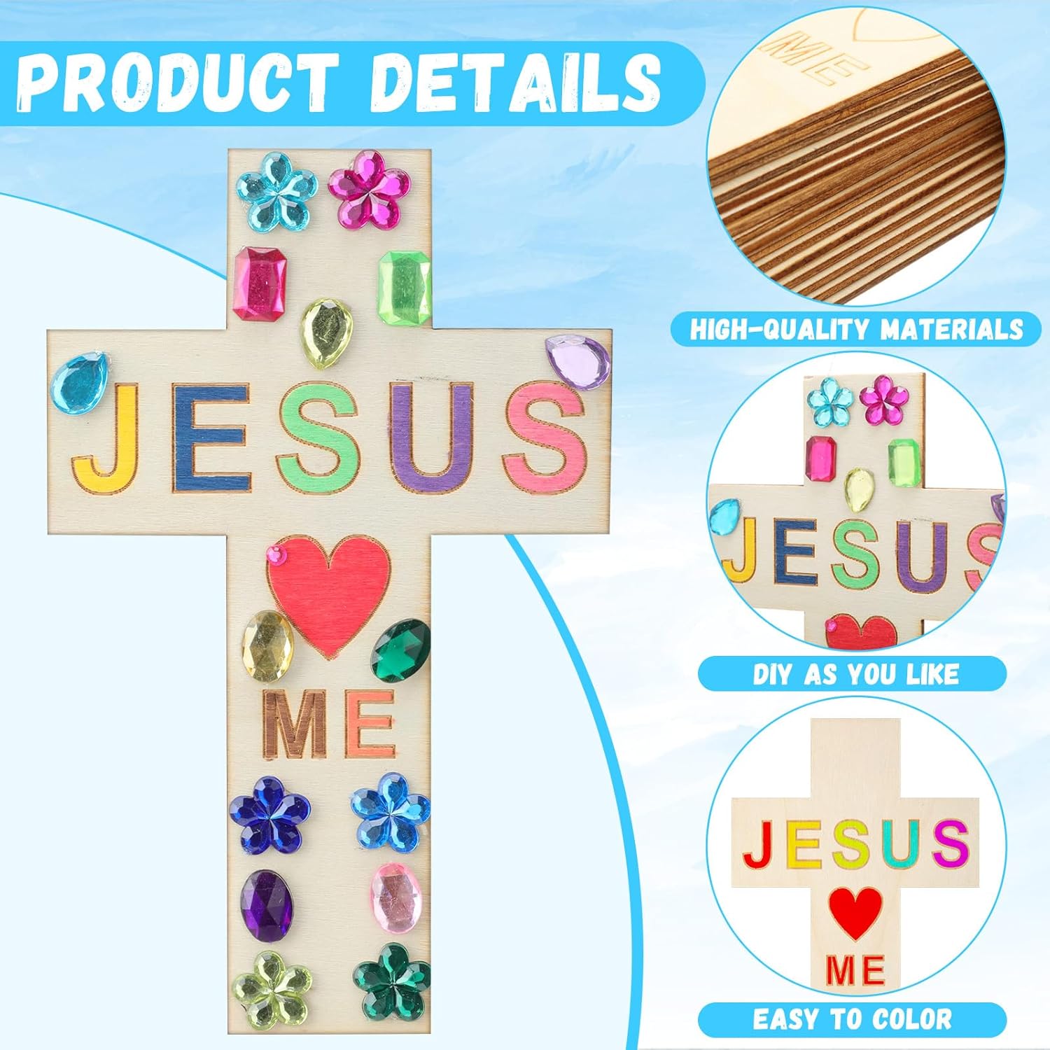 Blueweenly 60 Pcs DIY Wood Cross Crafts for Kids Sunday School Vacation Bible School Supplies Jesus Love Me Religious Christian Craft with Stickers Paint Unfinished Cross Gift for Church