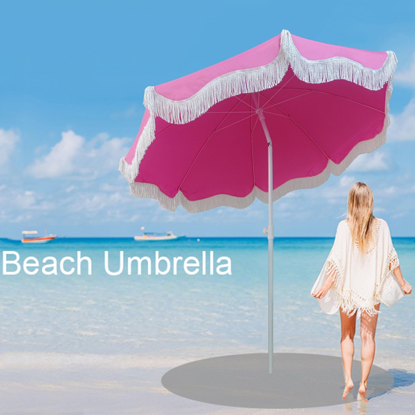 Elyrthriumc Travel Beach Umbrella with Fringe Rose Holiday Outdoor Umbrella Tilt Garden Parasol with Tassel 6.5ft Pool Umbrella Boho Patio Umbrella Waterproof UPF 50+ Foldable with Carry Bag