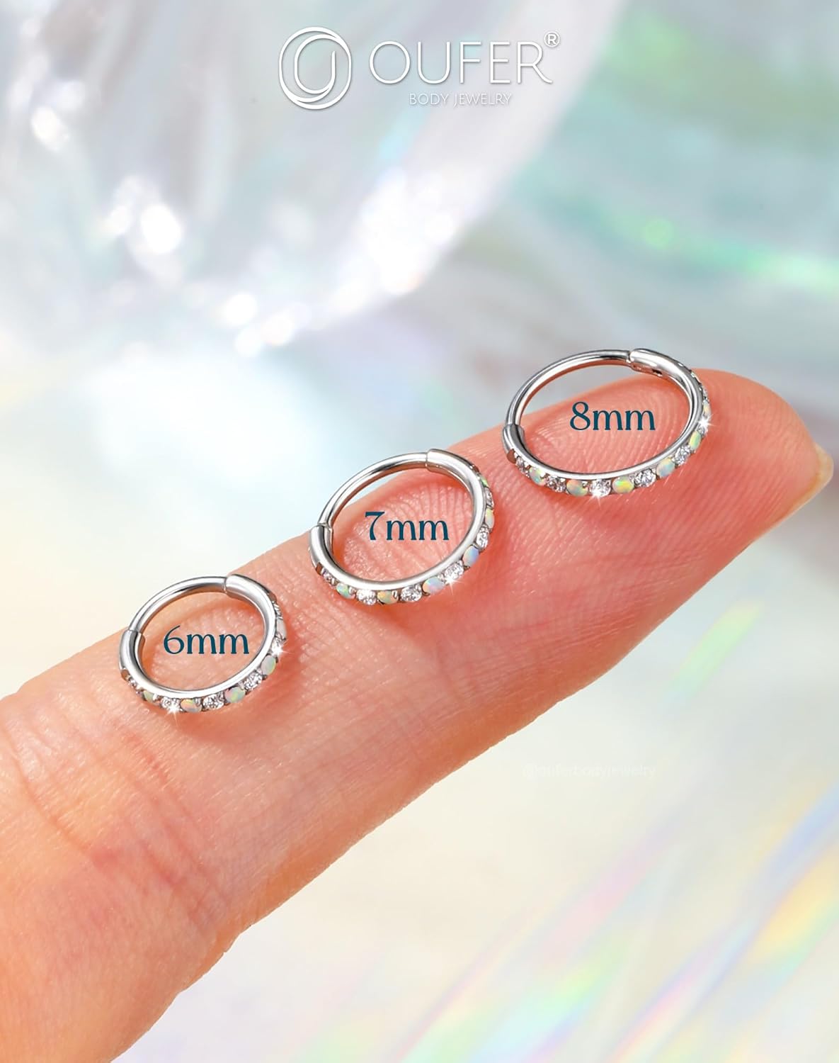 OUFER Opal and CZ 20G Nose Rings Hoops, 316L Surgical Steel Hinged Segment Nose Piercing Jewelry, Septum Lip Eyebrow Rings Cartilage Conch Rook Helix Tragus Daith Earrings For Women and Men-6/7/8MM - Image 3