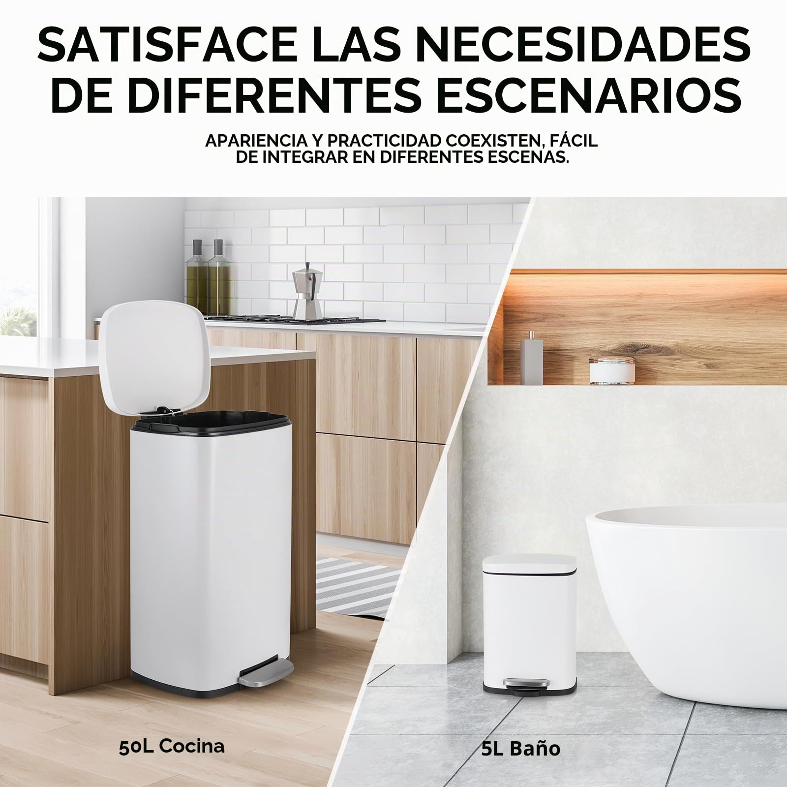 LIFERUN Cubo de Basura Cocina 50 Litros + 5 Litros, Juego de 2 Cubos Basura Metálicas, Papelera Grande con Tapa de Cierre Suave y Cubo Interior, per Cocina, Baño, Wc u Oficina, Blanco
