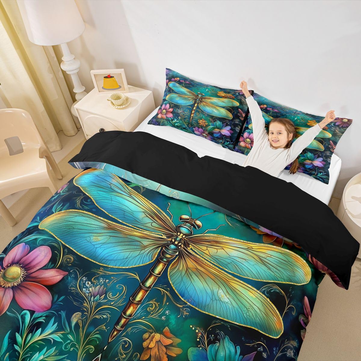 Homewish Ozdobna ważka nadruk super king pościel 3D olej kwiat nadruk poszewka na kołdrę zestaw złote ważki wzór poszewka na kołdrę dla dzieci chłopców dziewcząt, boho kolorowe botaniczne kwiaty