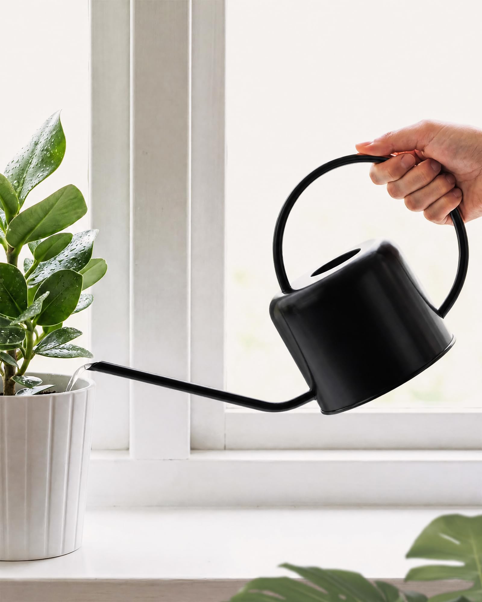 Bamworld Watering Can for Indoor Plants, Small Watering Can with Long Spout, Metal Watering Can Indoor for Precise Flow Control, Black