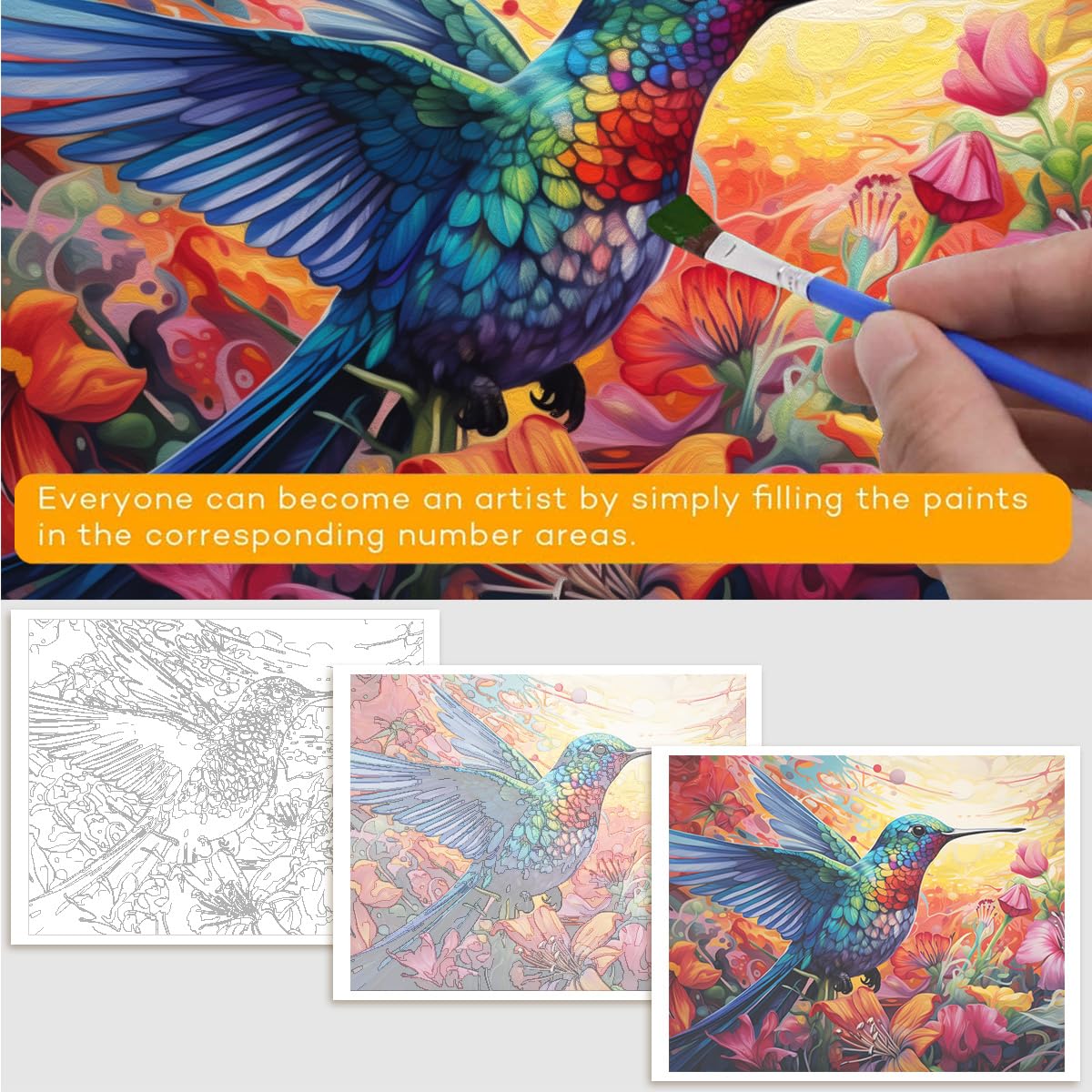 Tonia Art - Pittura Ad Olio Con Numeri: Colibrì Metallico - Kit Premium Su Tela 40x50 Cm Con Colori Acrilici - 3