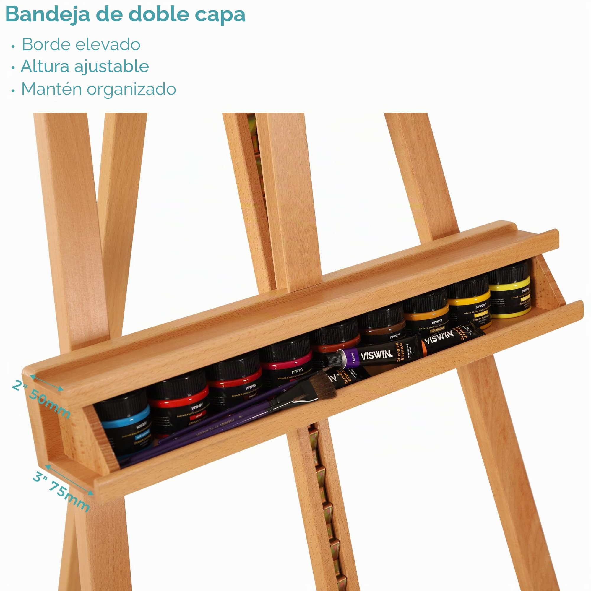 VISWIN Caballete inclinable con marco en A para pintar y exhibir, ajustable de 65 a 89 pulgadas de alto, soporta lienzo de hasta 49 pulgadas, soporte de caballete de madera de haya con bandeja de