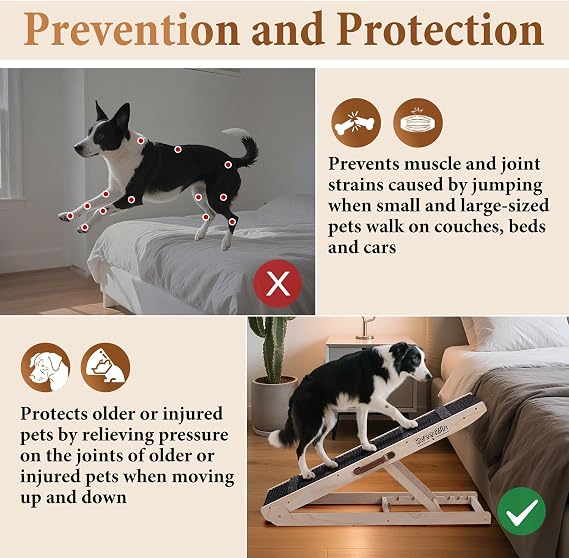 Dog Ramp for Bed - Foldable Small to Large Dog Ramp for Couch - 6 Adjustable Height from 30.5 to 61cm - Stairs with High Traction Mat - Wooden Portable Ramp for Dogs to Get on Bed Couch Car Up to 90kg