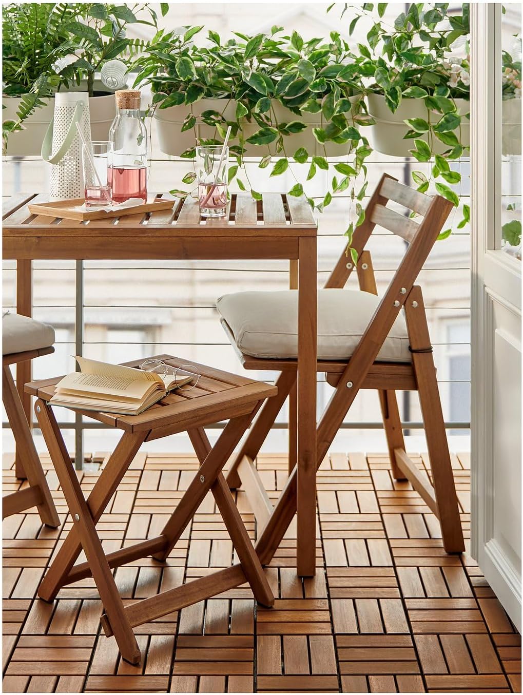 Outdoor Foldable Stool, Solid Acacia Wood Portable Seat, 17.7 Inch Light Brown Stained Folding Chair, Durable Rustic Patio or Garden Furniture