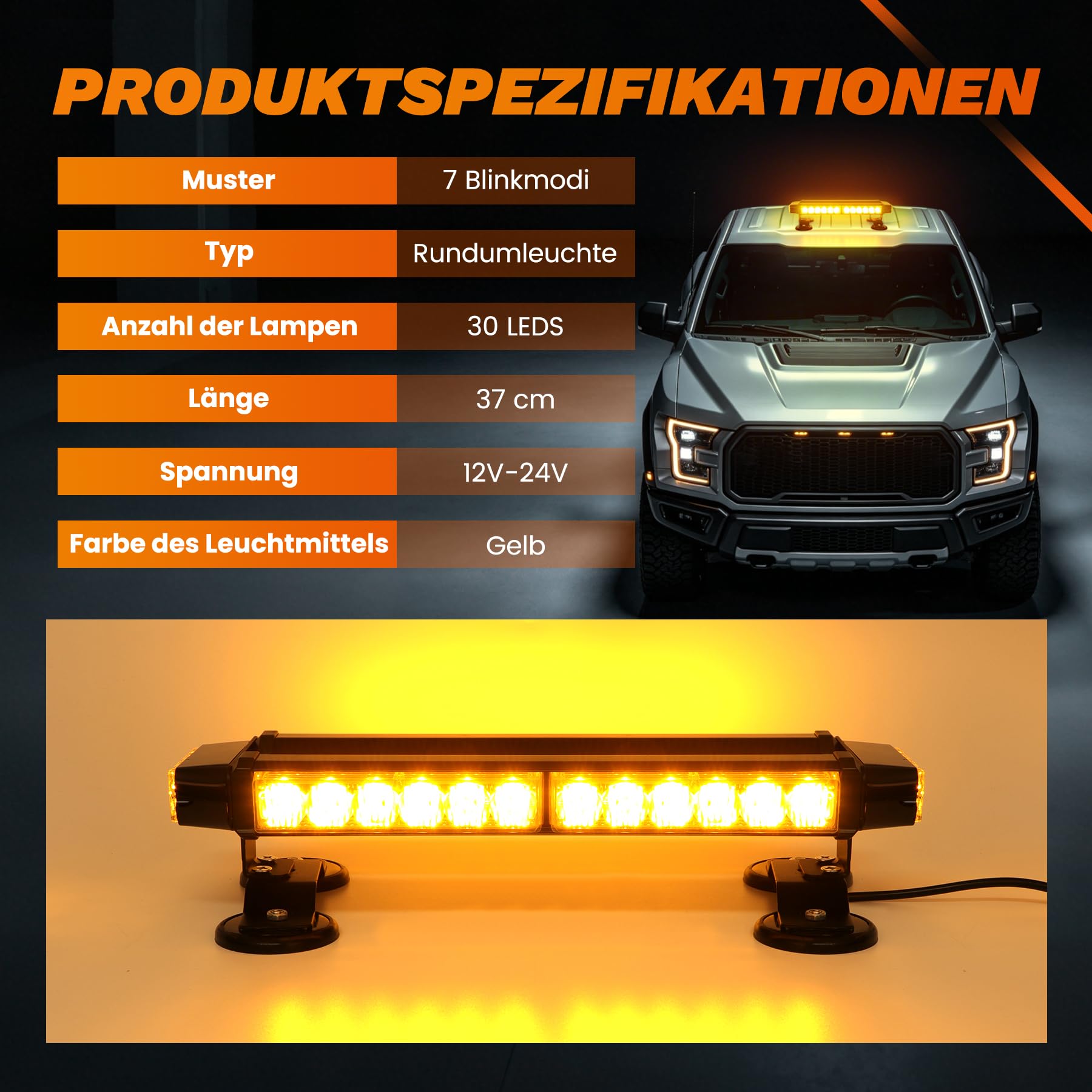 30 LEDs Blinklicht – Wiederherstellungswarnung, Stroboskoplicht, IP65 mit 4 Magnetsockeln, 7 Blitzmustern für 12 V/24 V Notfall für Fahrzeuge, Auto, Anhänger, Dach (bernsteinfarben)