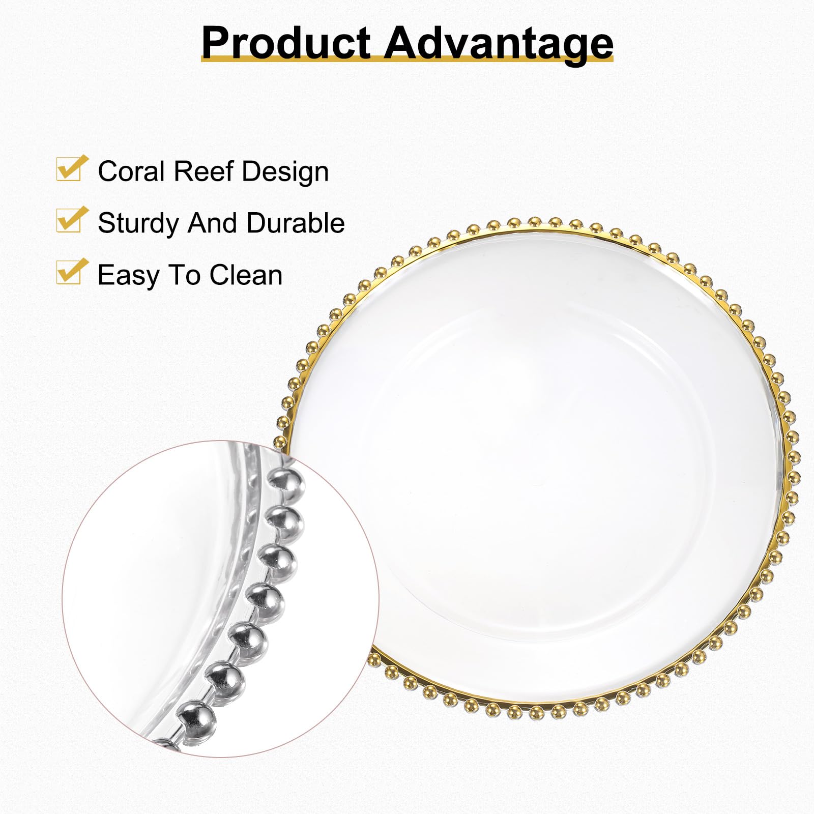 QUARKZMAN 6 plateaux de service transparents en gros, 13" plateaux ronds en plastique avec bordure perlée pour décoration de table de mariage, fête ou événement, argent