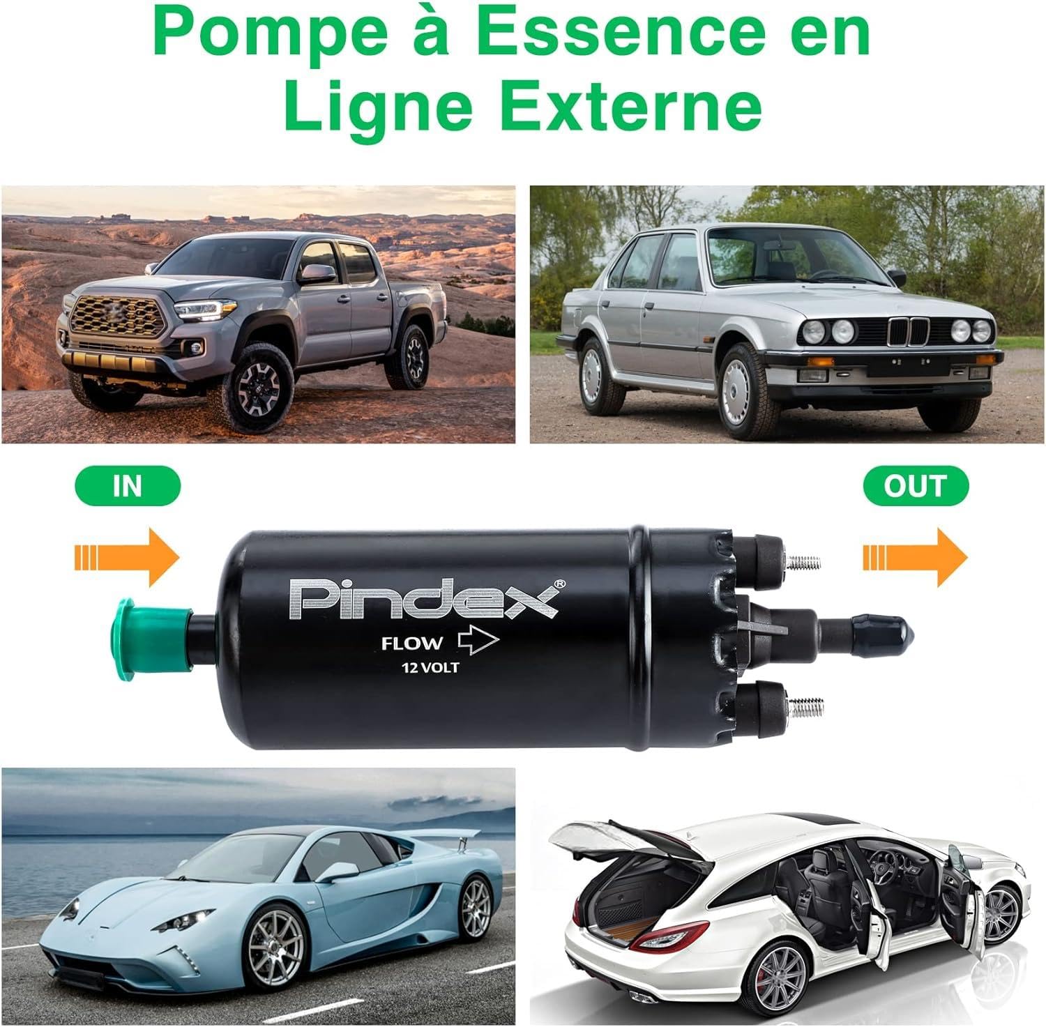 Pindex Pompe à Carburant Électrique: 125 PSI Pompe à Essence en Ligne Externe Haute Pression 12 V pour Essence, Diesel, Transfert d’essence Universelle Remplacement - Noir