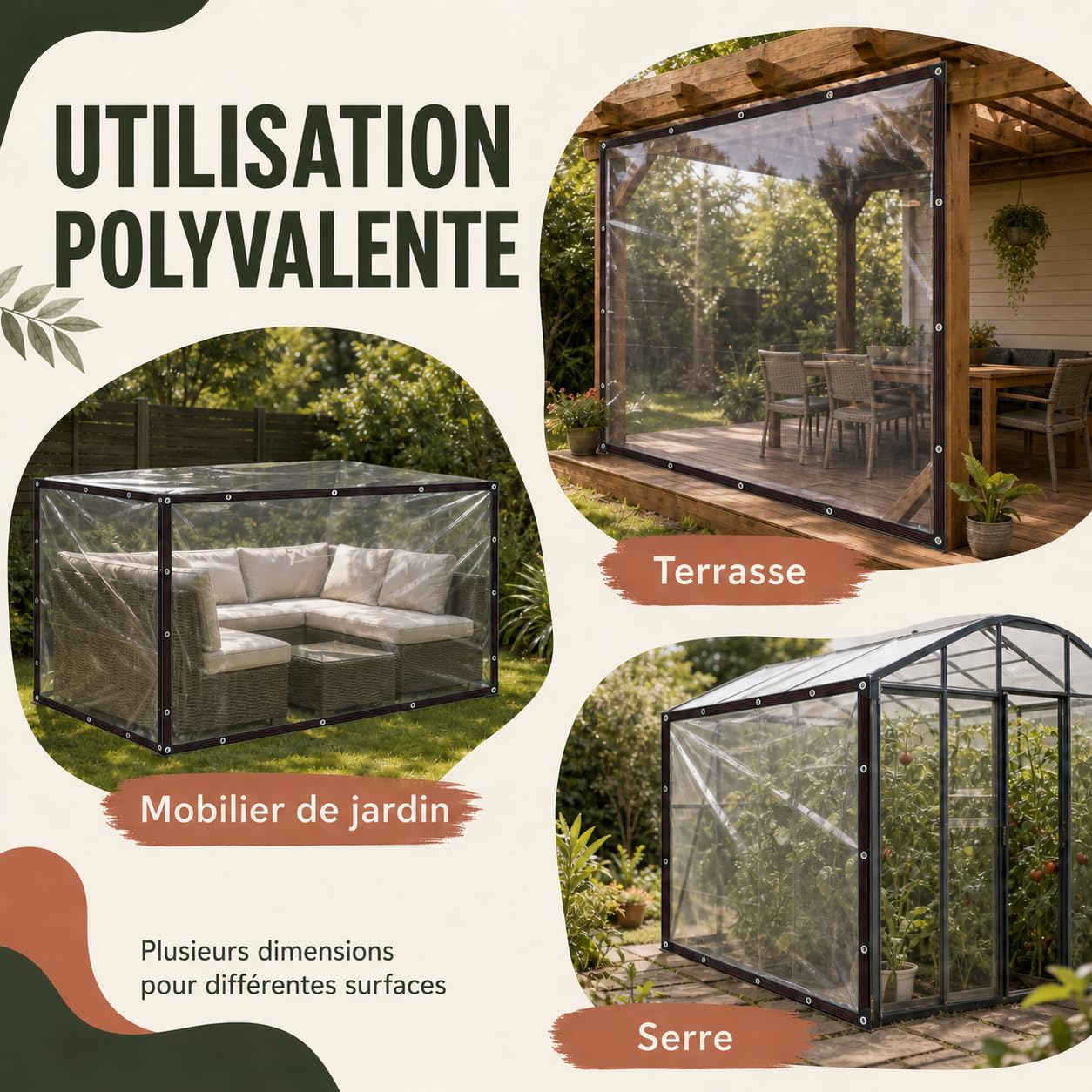 Bâche de Protection Extérieure Transparente avec Œillets 3x5m | 90 % transparente : la pluie reste dehors, tandis que terrasses, serres et mobilier restent lumineux et visibles.