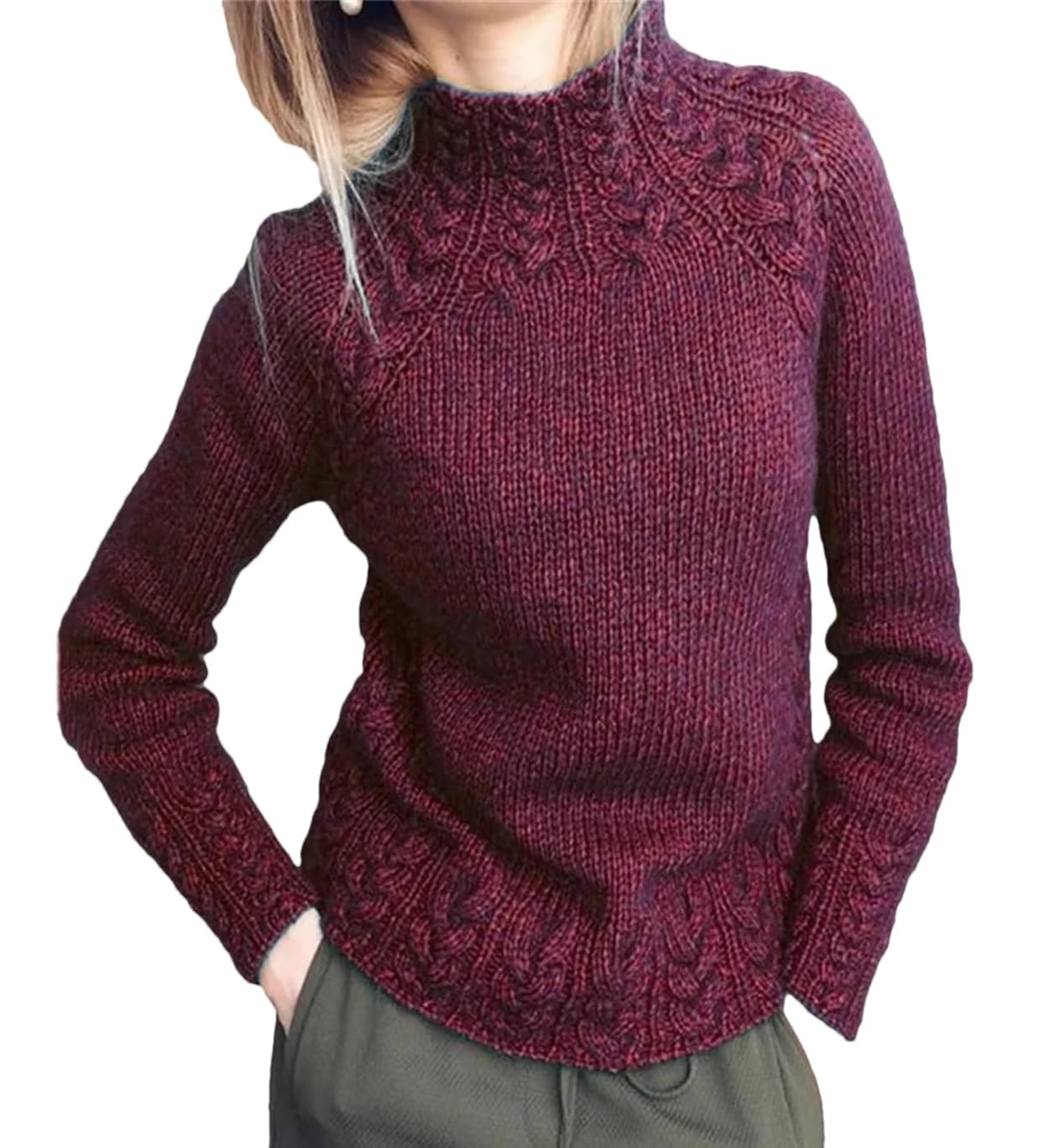 Suéter de punto de otoño e invierno para mujer, suéter de punto cálido de manga larga con cuello alto
