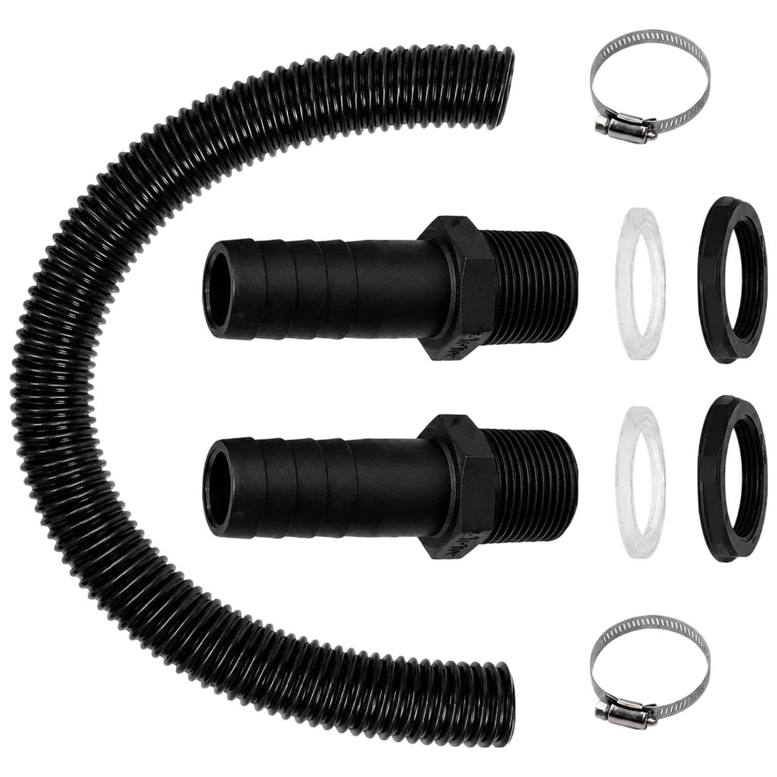 9Pcs Water Butt Hose Connector Kit, 25mm Leakproof Rain Barrel Fittings with 50cm Flexible Hose & Clamps, Heavy Duty Adapter for Garden Irrigation, Pond Circulation and Farm Water Distribution