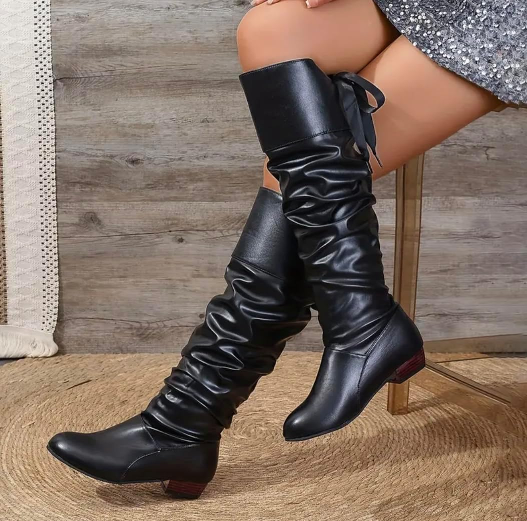 Knee High Boots Women with Bow Over the Knee FlatS Boots with Bow Tie, Fashion PU Leather Square Toe, Lace Up Chunky Low Heels for Winter Fall