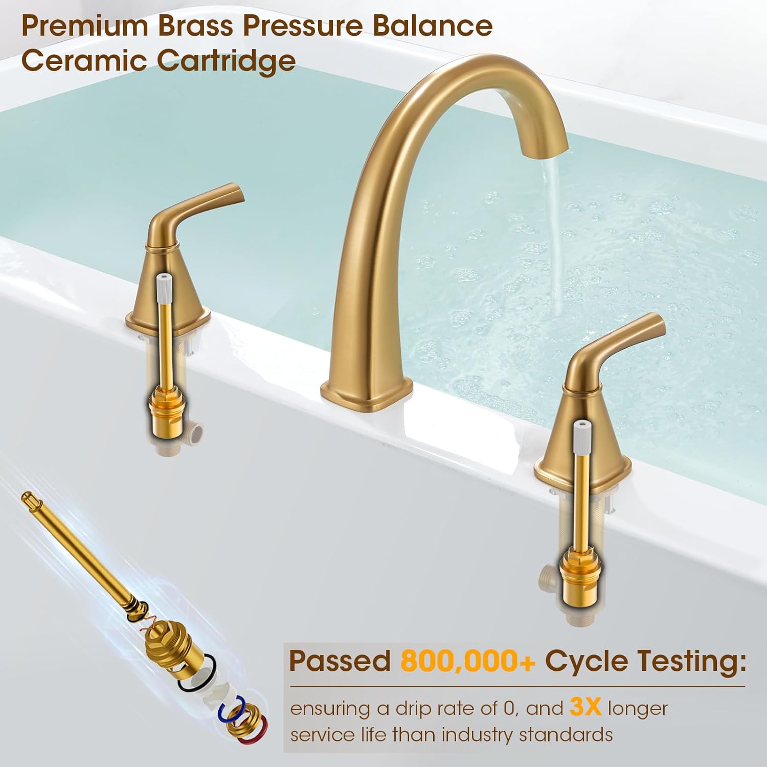 Brushed Gold Roman Tub Faucet, Solid Brass Bathtub Faucet Set with Valve, 2-Handle Widespread Deck Mount Bathtub Faucets 3 Hole, High Flow Bath Tub Faucet Set with Hot & Cold Supply Lines