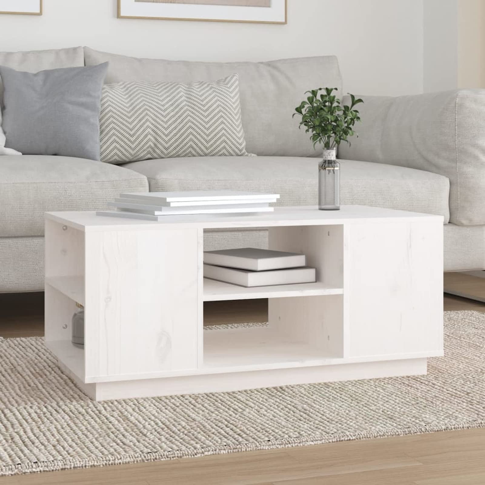 Homgoday Table basse blanche 90 x 49 x 40,5 cm en pin massif, table d'appoint, table d'appoint pour salon, salle de réception d'invités, chambre à coucher et mobilier de bureau