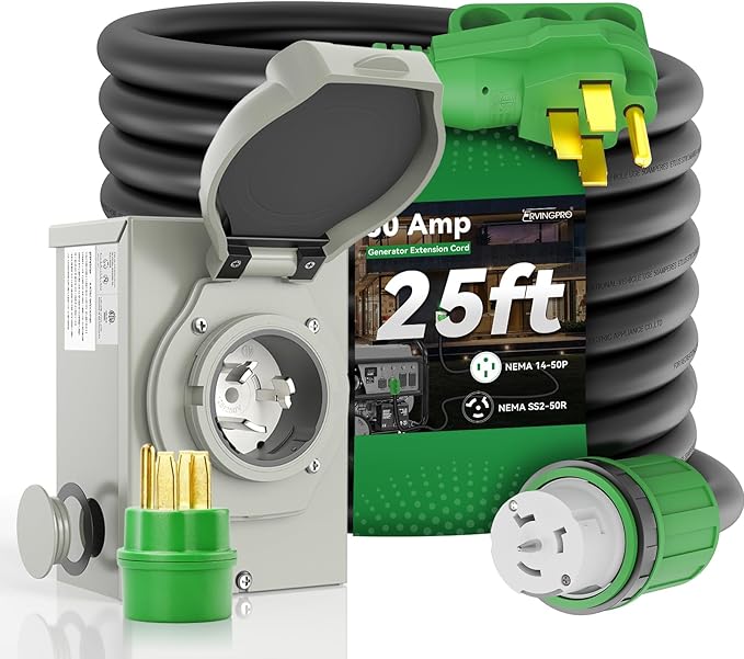 RVINGPRO 50 Amp Generator Cord 25FT and Power Inlet Box Combo Kit