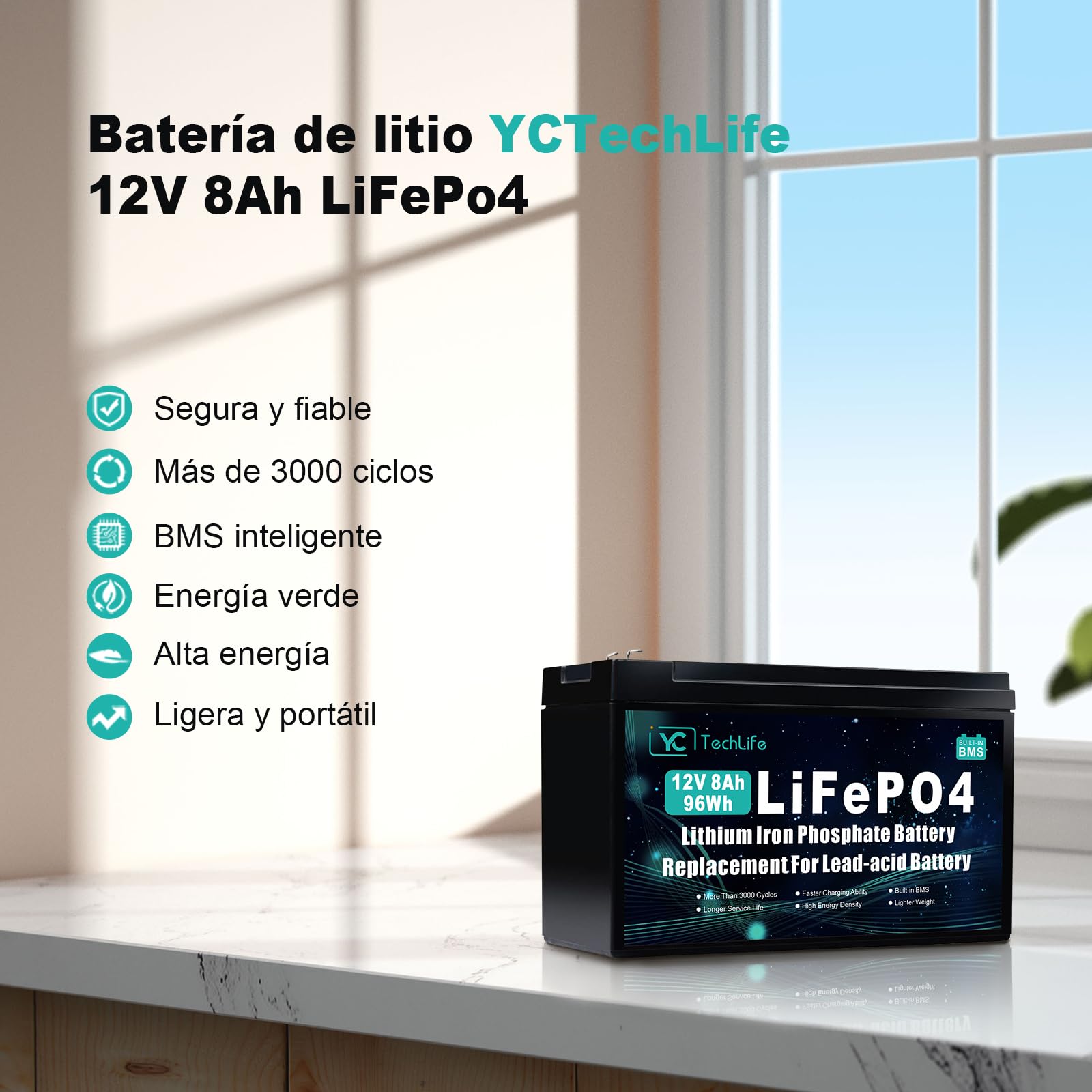 Batería Lifepo4 12V 8Ah, Bateria Litio Recargable de Ciclo Profundo con más de 3000 ciclos, BMS Integrado de 10A, Utilizada para Energía Solar/Eólica, Iluminación